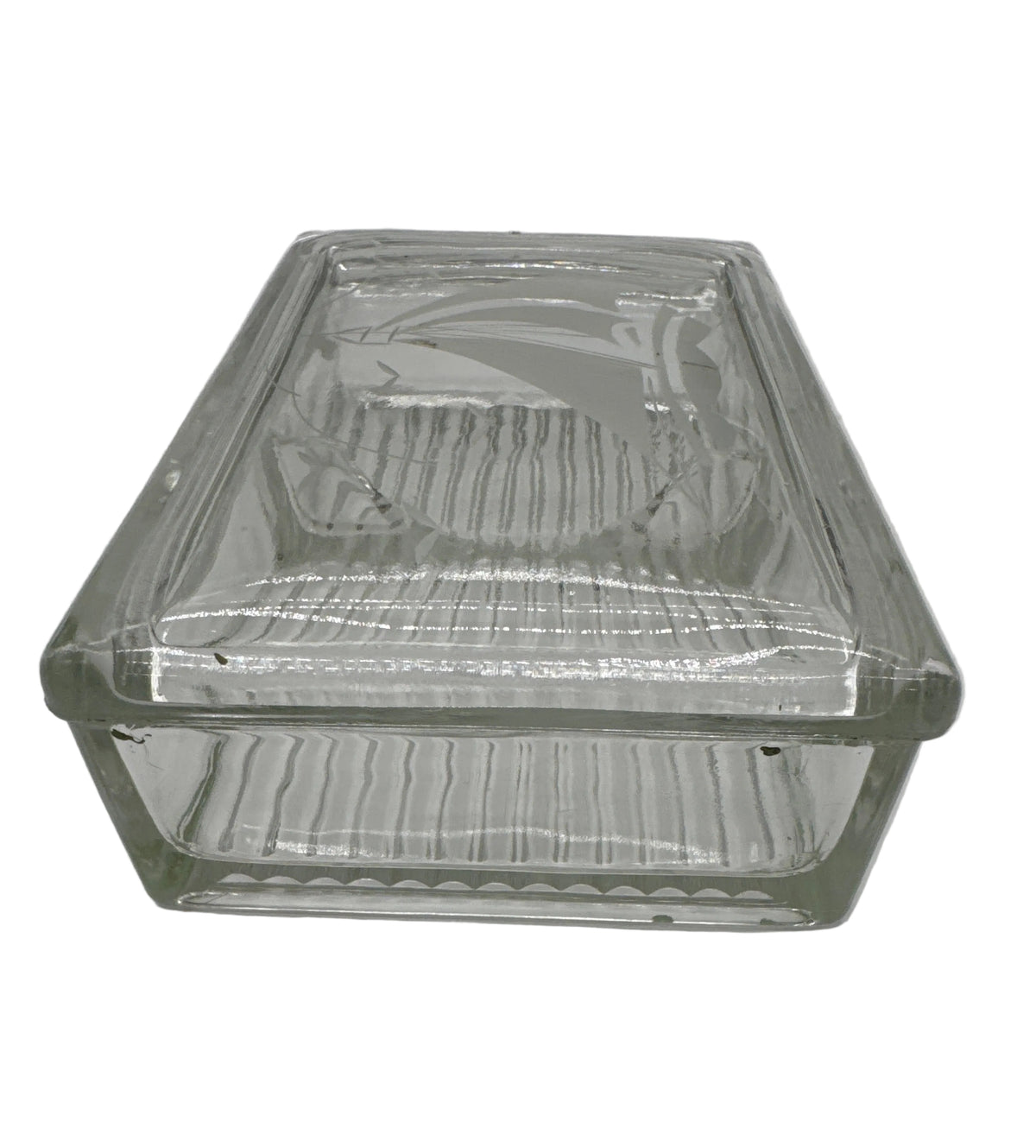 Vintage Clear Glass Playing Card Box with Removable Etched Sailboat Lid