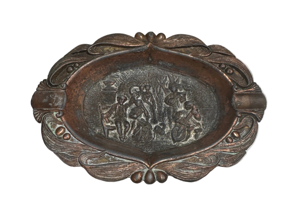 Vintage Oval Metal Ashtray or Catch-All Dish featuring a Repoussé Tavern Scene with Figures and Musicians in Relief
