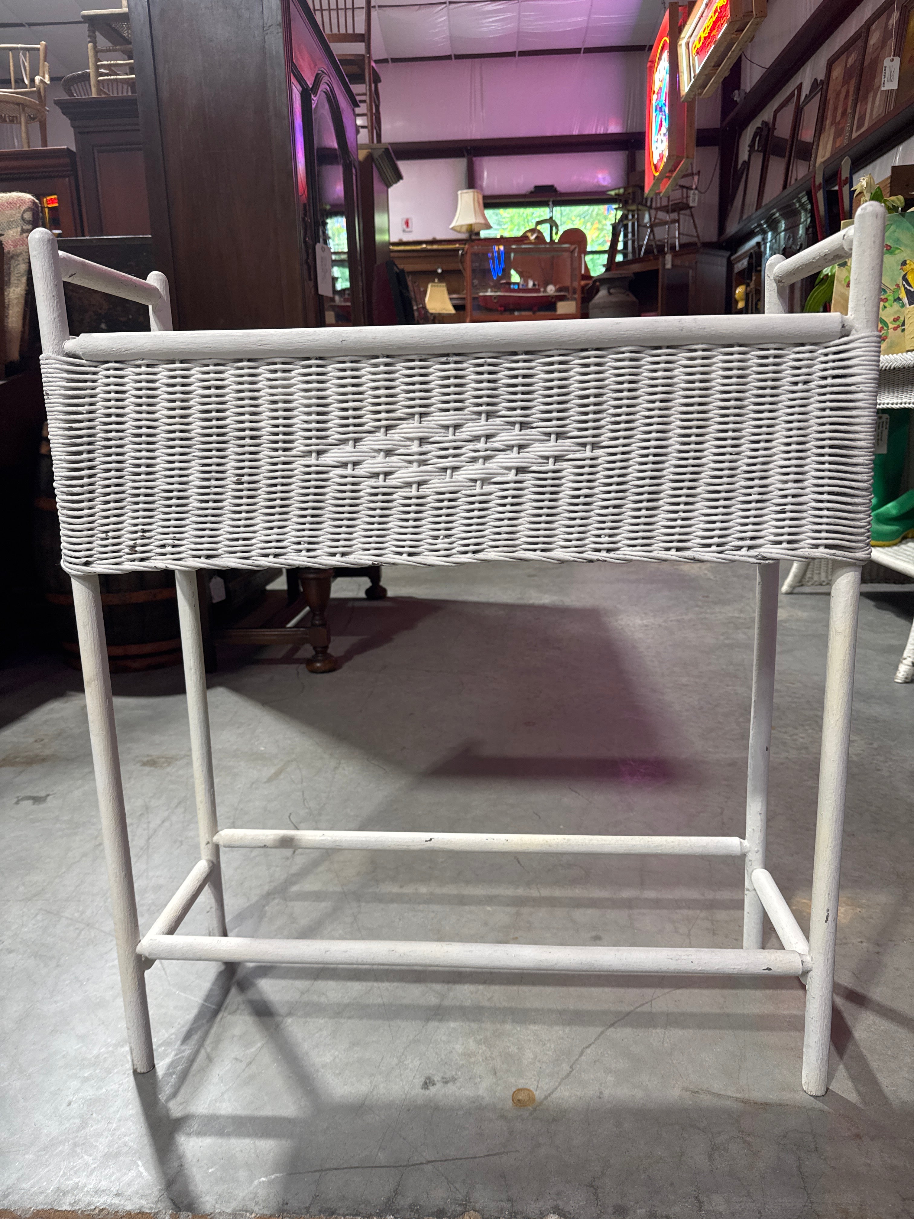 Vintage White Wicker Planter Stand with Metal Insert