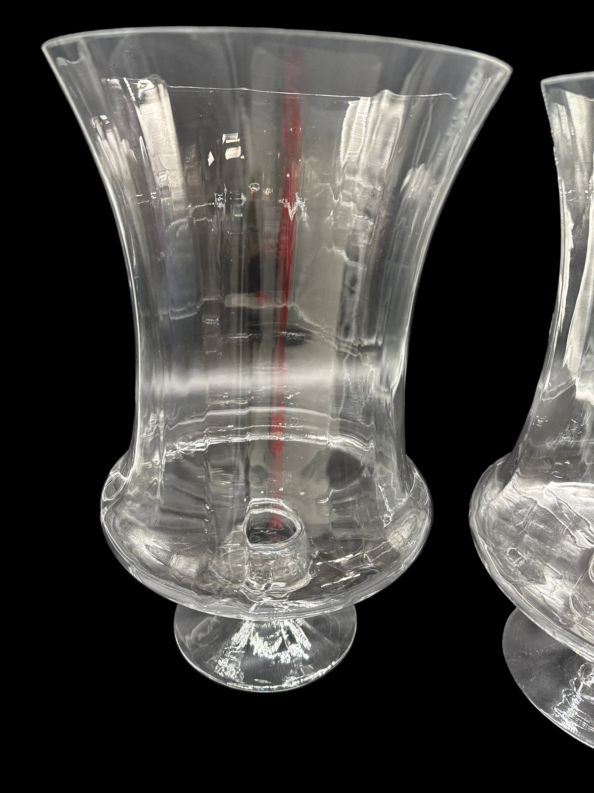 Pair of Clear Glass Fluted Top Hurricane Vases with Stemmed Pedestal Foot