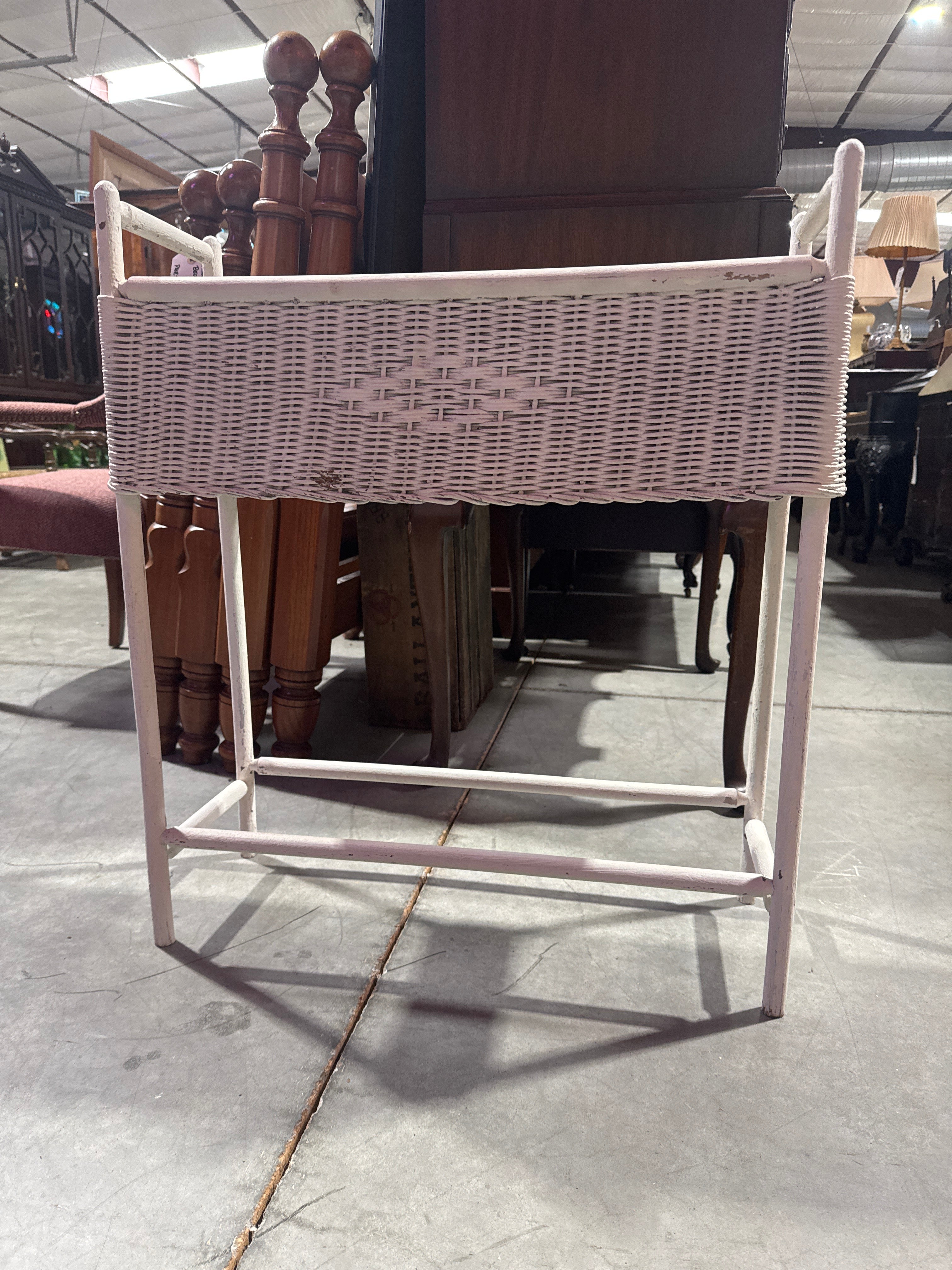 Vintage White Wicker Planter Stand with Metal Insert