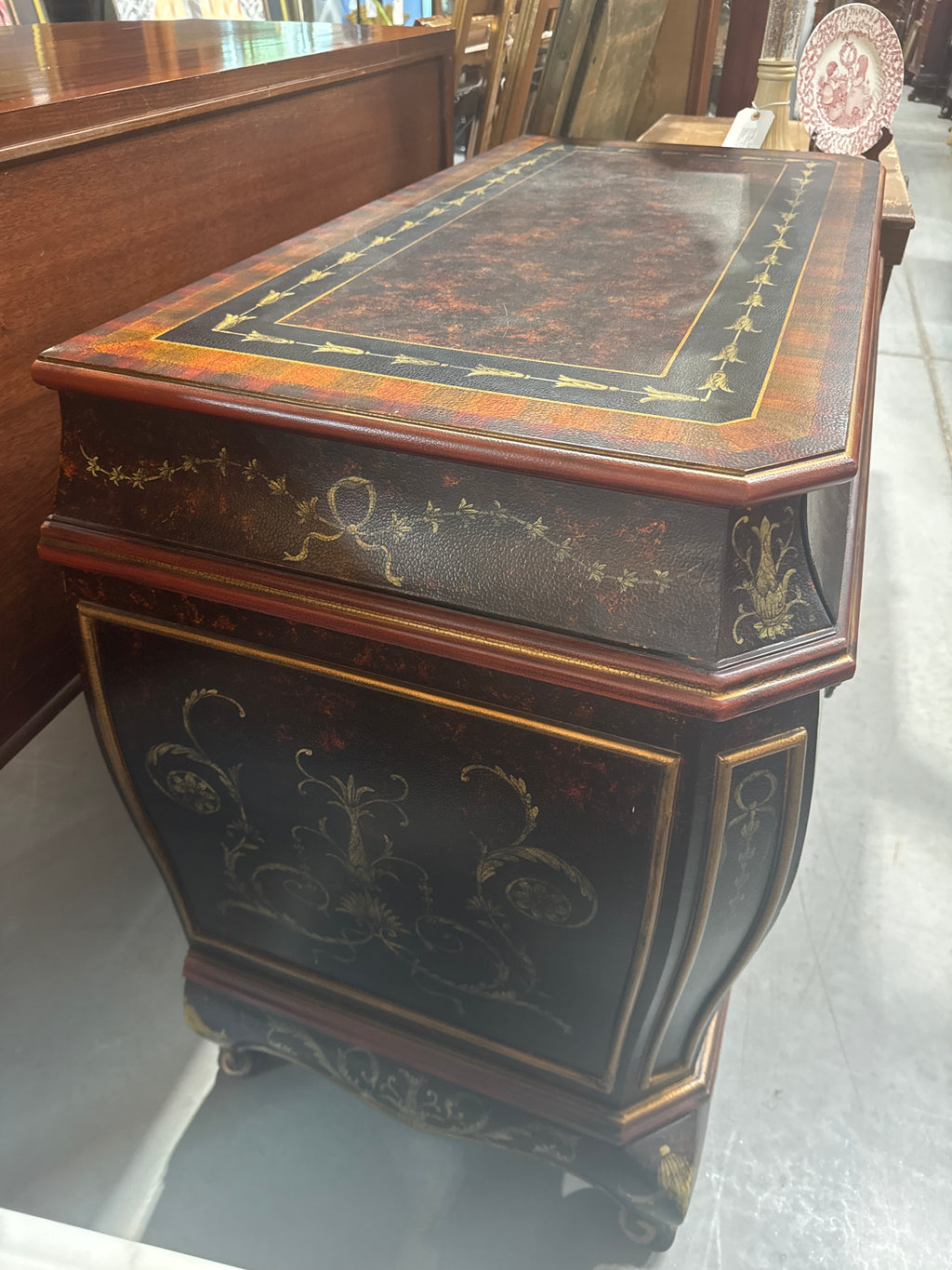 Grecian Style 3 Drawer Bombe Commode with Black & Gold Design