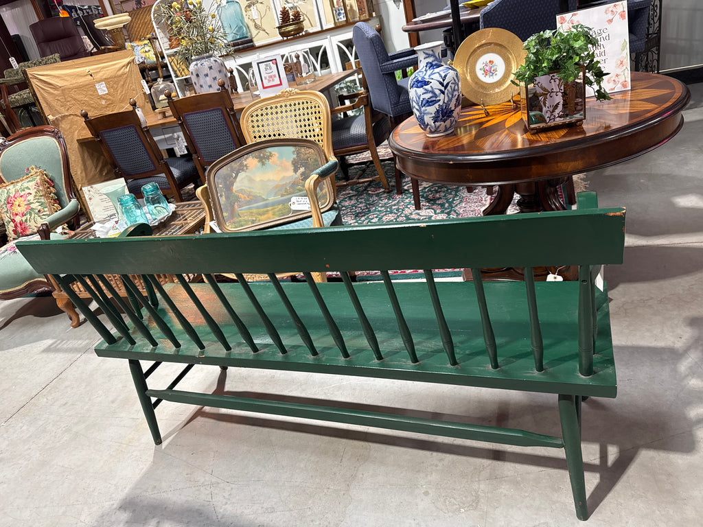 Vintage Wooden Spindle Back Green Painted Windsor Deacon’s Bench