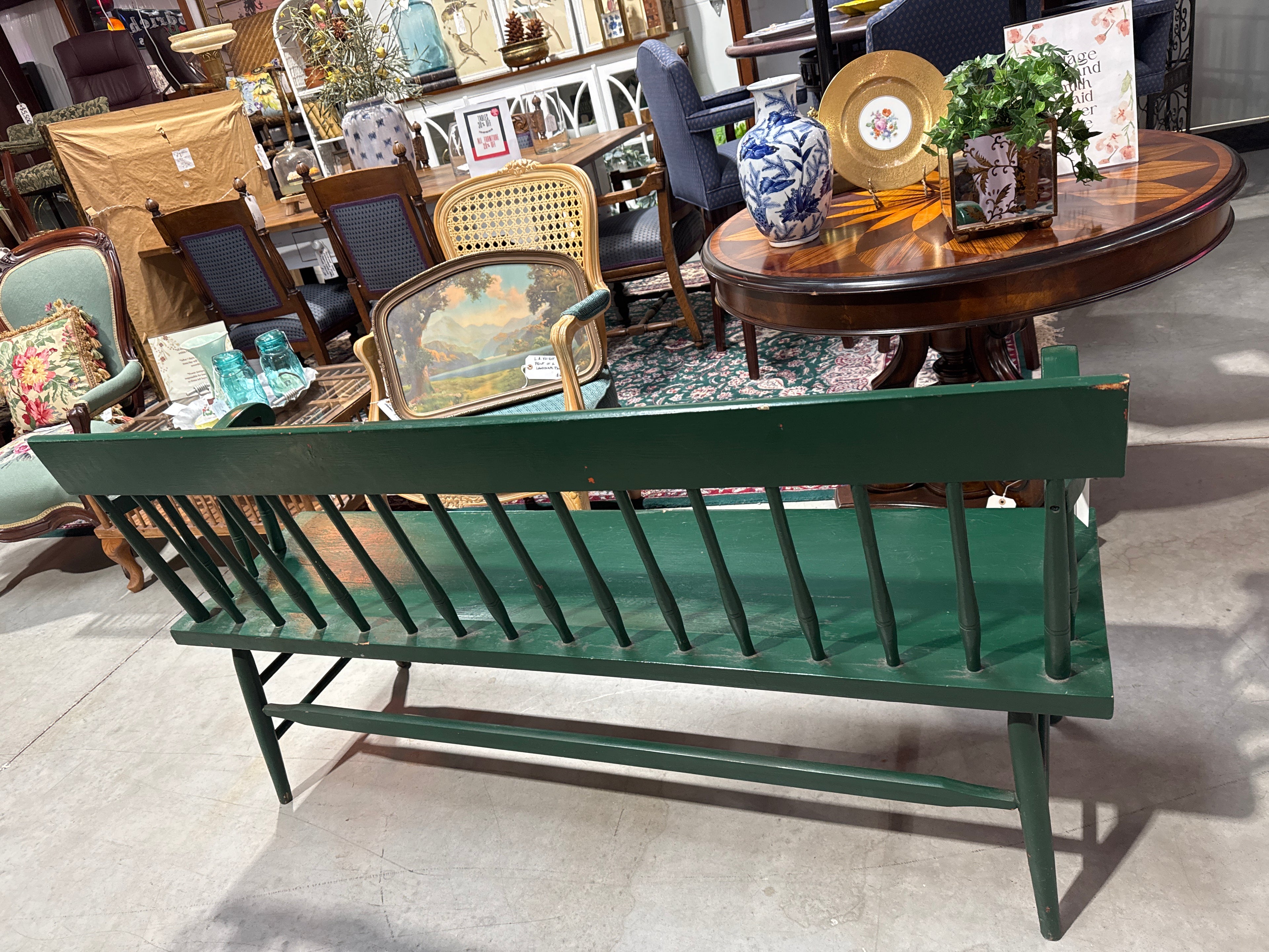 Vintage Wooden Spindle Back Green Painted Windsor Deacon’s Bench