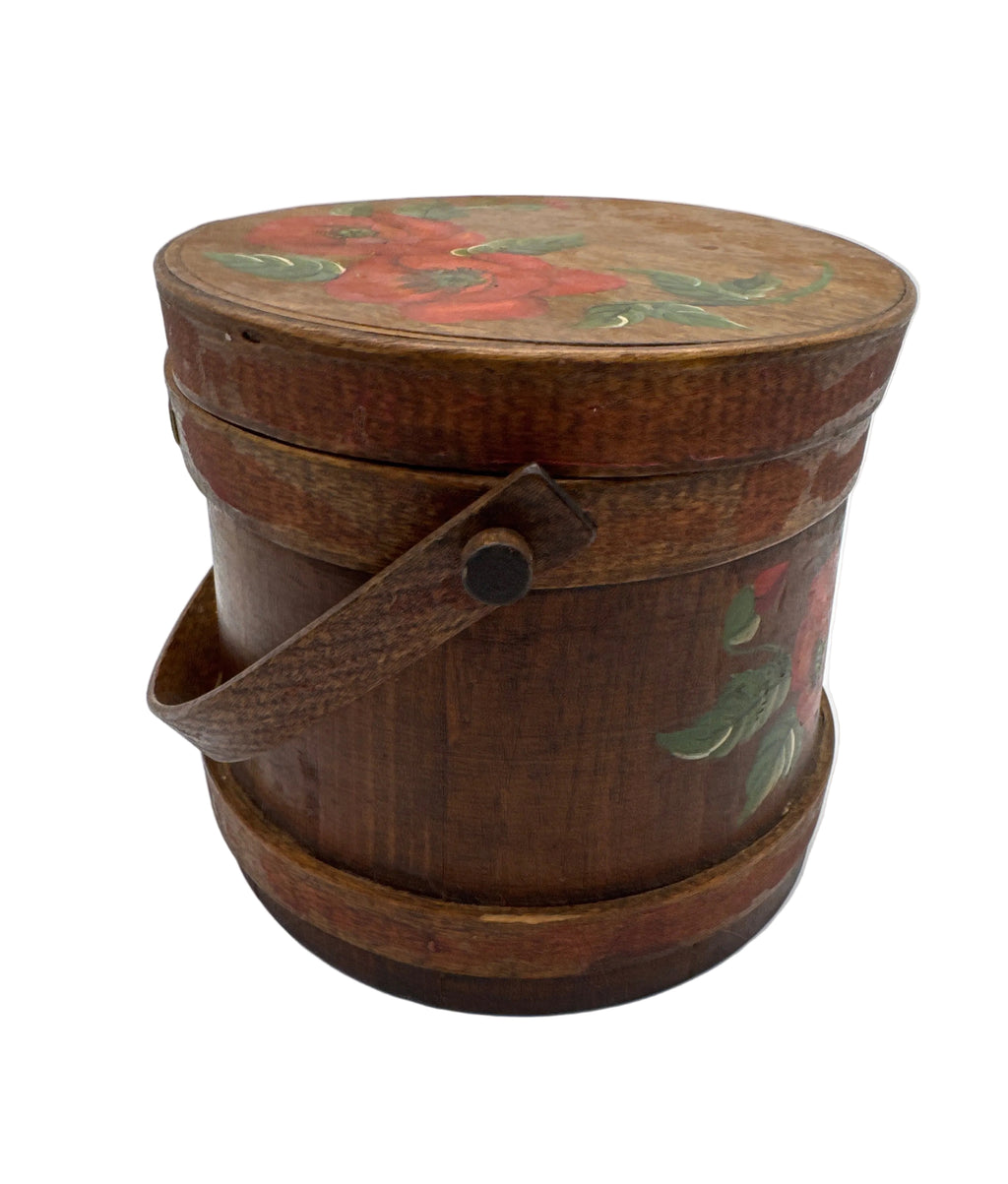 Antique Wooden Firkin Sugar Bucket with Red Poppy Hand Painted Flowers