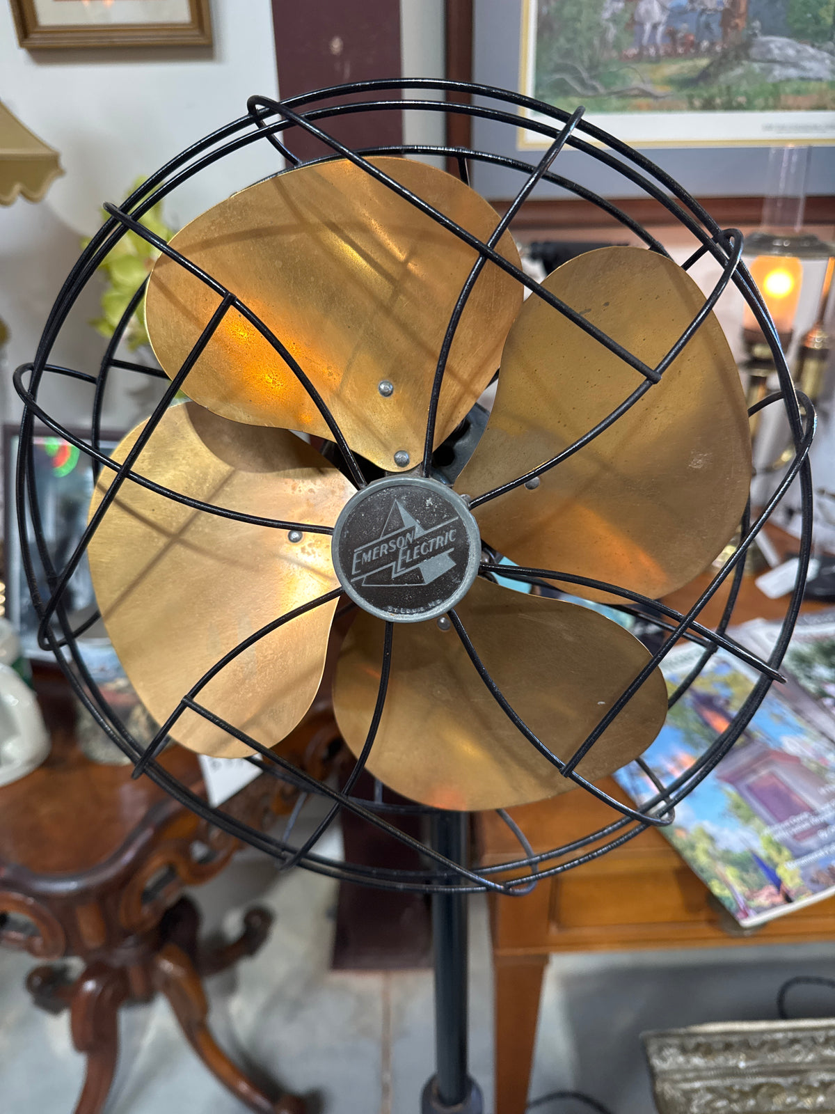 Vintage Emerson Electric Oscillating Floor Fan 4 Brass Blades