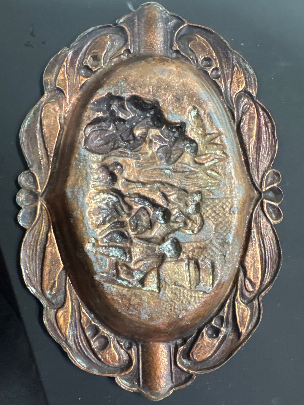 Vintage Oval Metal Ashtray or Catch-All Dish featuring a Repoussé Tavern Scene with Figures and Musicians in Relief