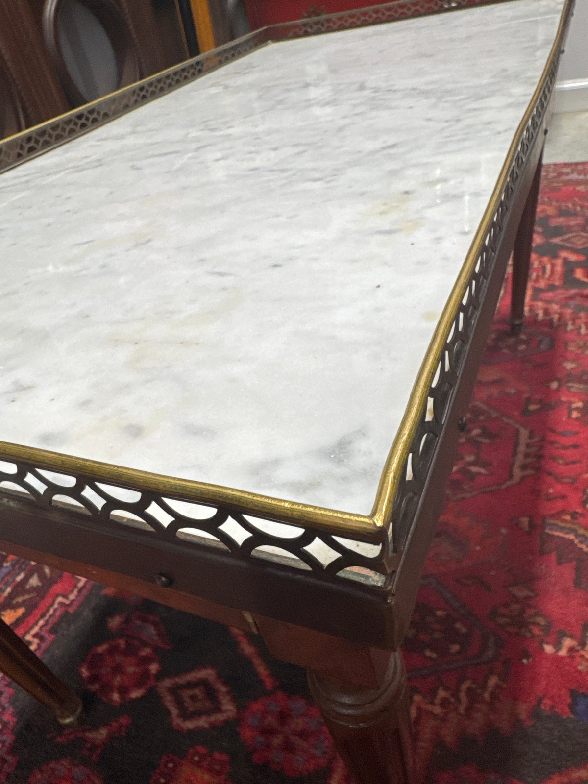 Antique French Louis XVI Style Marble Top Coffee Table with Brass Gallery
