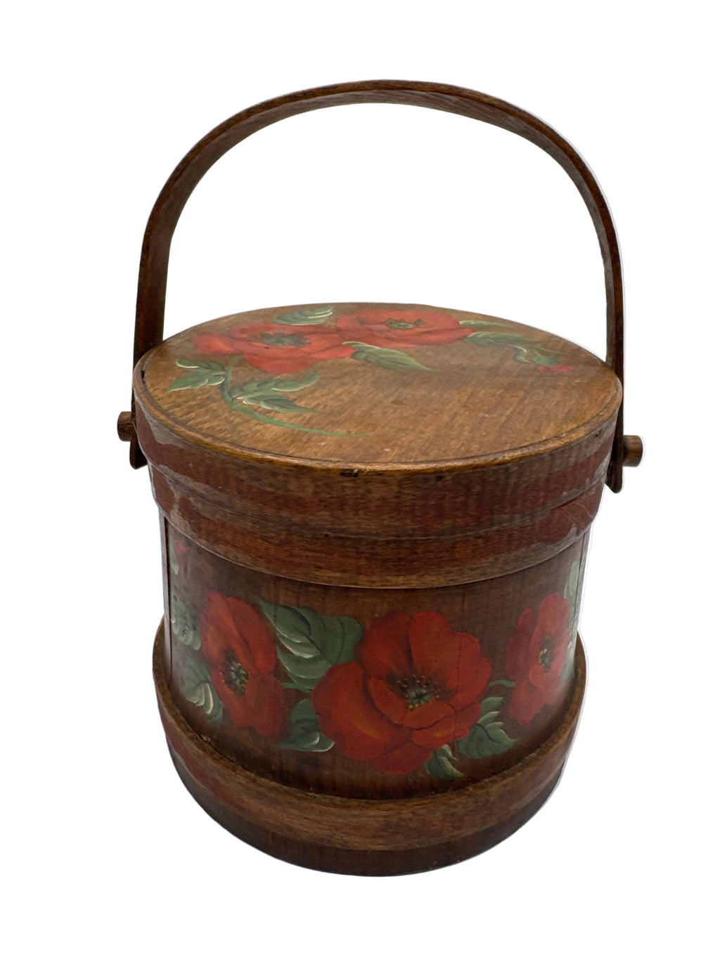 Antique Wooden Firkin Sugar Bucket with Red Poppy Hand Painted Flowers