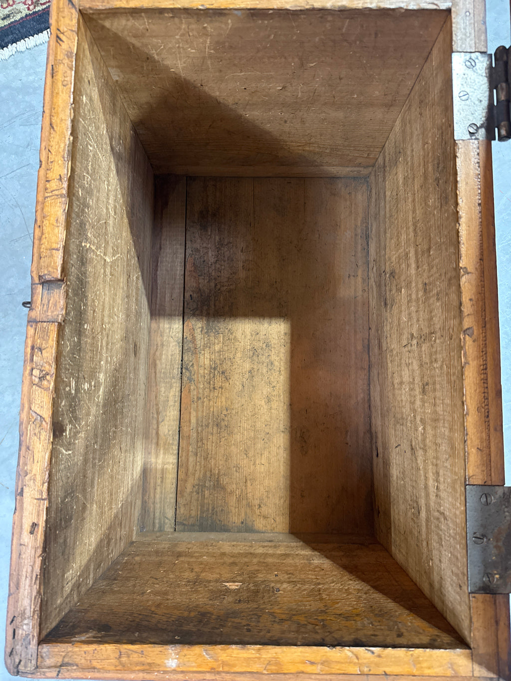 Antique Late 19th Century Primitive Lift Top Wood Carpentry Chest Trunk with Wrought Iron Latch