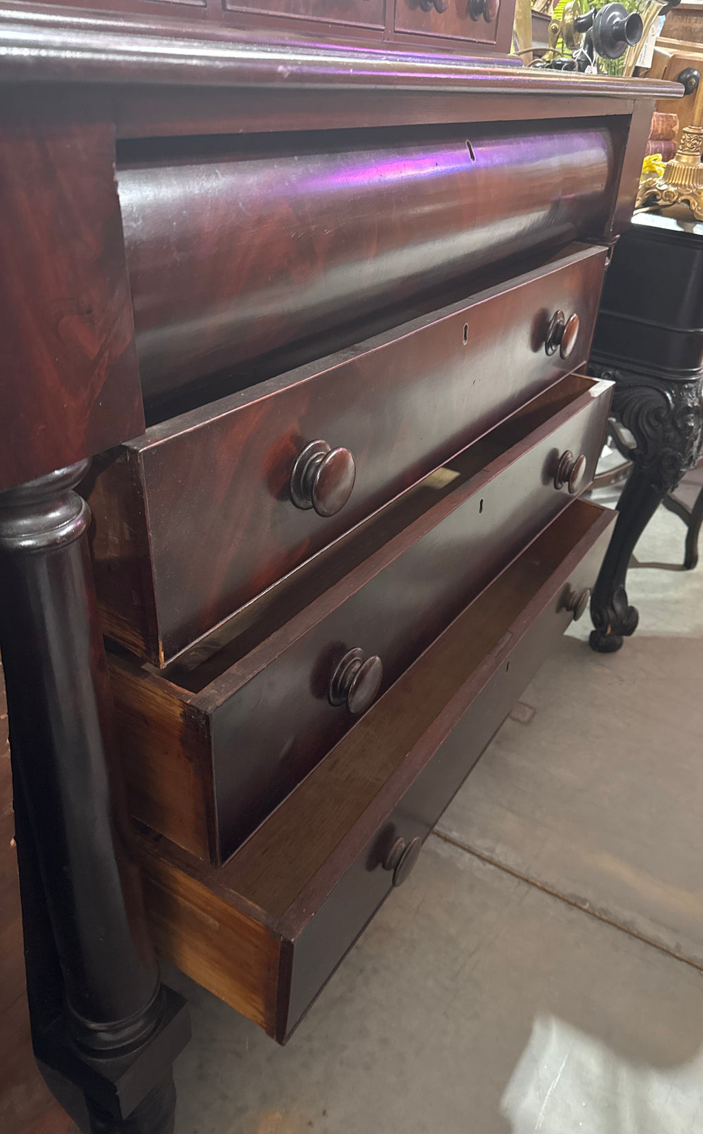 Antique Flame Mahogany Empire Chest with 3 Glove Boxes