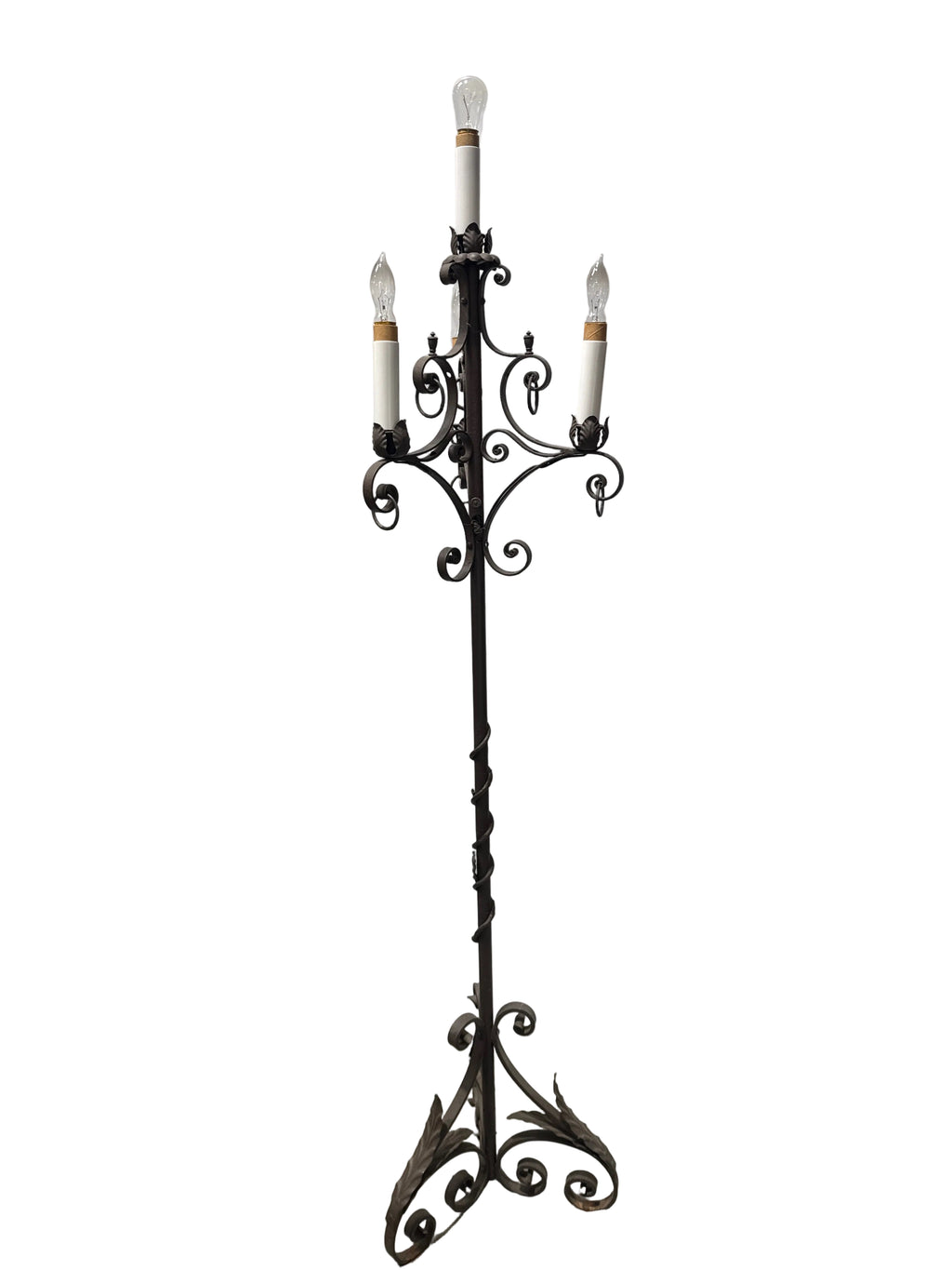 Vintage Spanish Revival Wrought Iron 4 Light Torchiere Floor Lamp