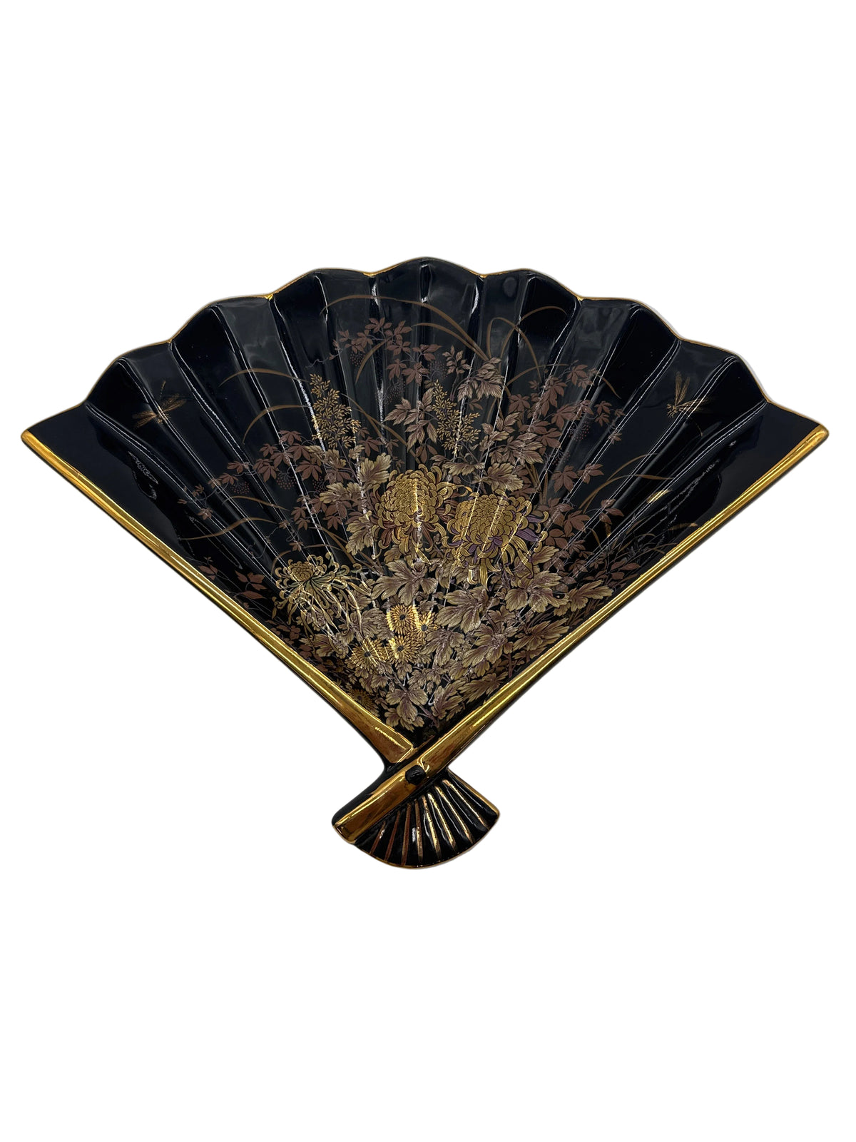 Vintage Japanese Black Porcelain Fan Plate or Trinket Dish-Toyo Japan