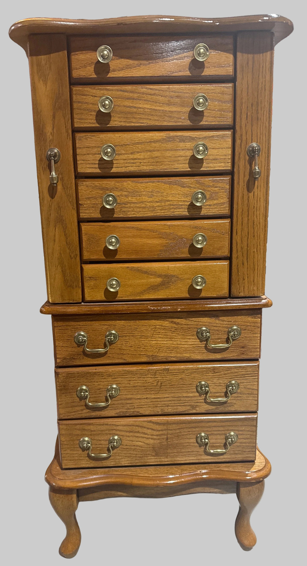 Queen Anne Style Oak Jewelry Chest, 42”H