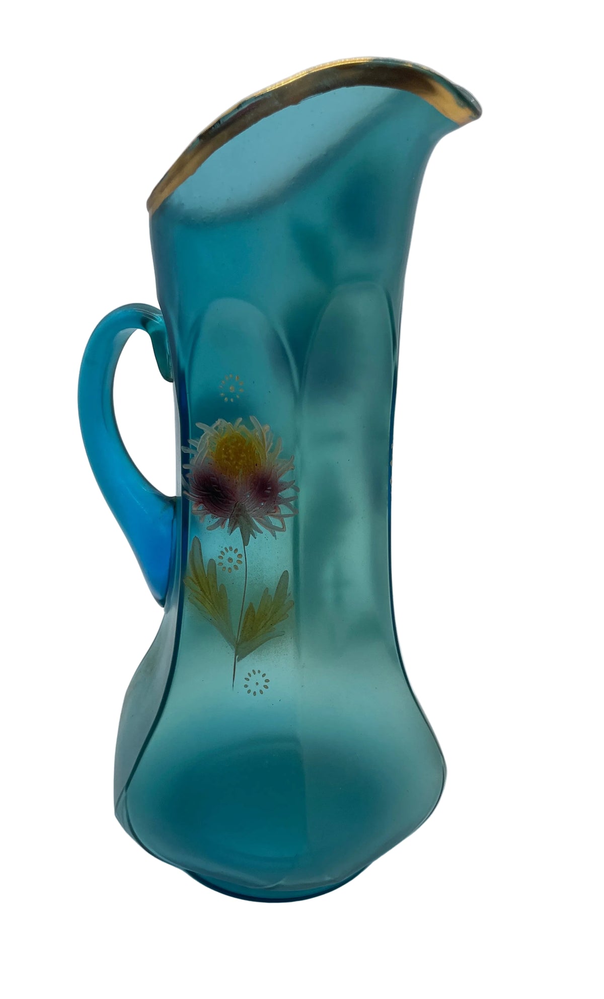 ANTIQUE 19th century Northwood hand painted teal pitcher with flowers #1055