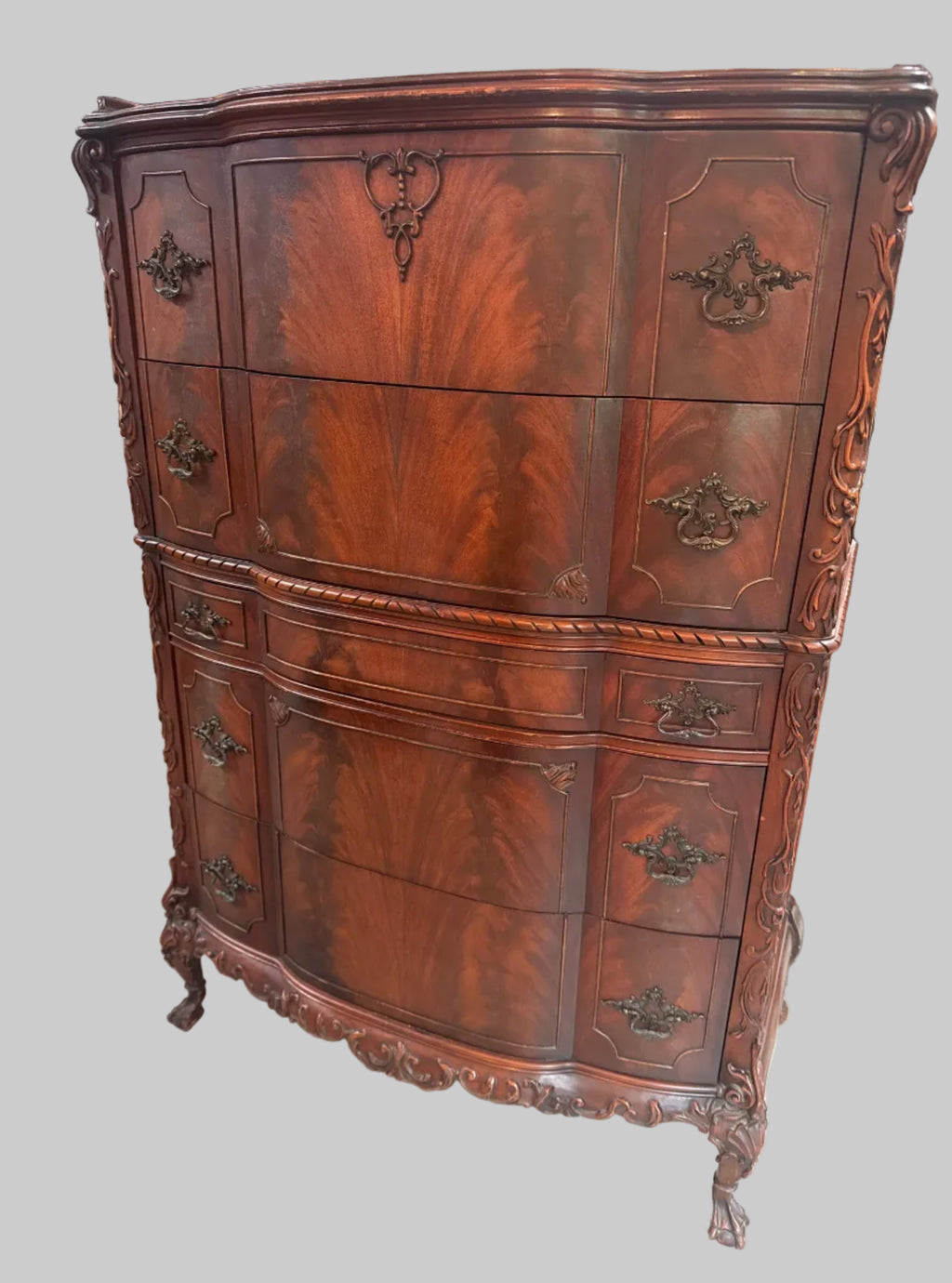 Vintage Tall Carved Mahogany Chinese Chippendale Style Bow Front High 5 Drawer Chest Dresser