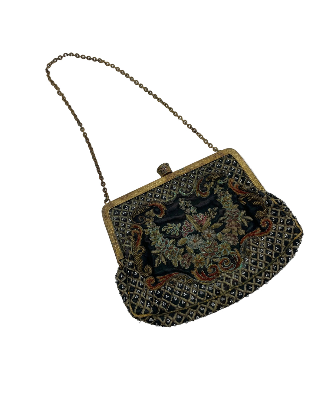 Antique Late 1800’s, early 1900’s Embroidered withy seed pearls, brass filigree corners and clasp.