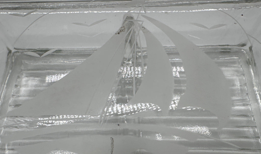 Vintage Clear Glass Playing Card Box with Removable Etched Sailboat Lid
