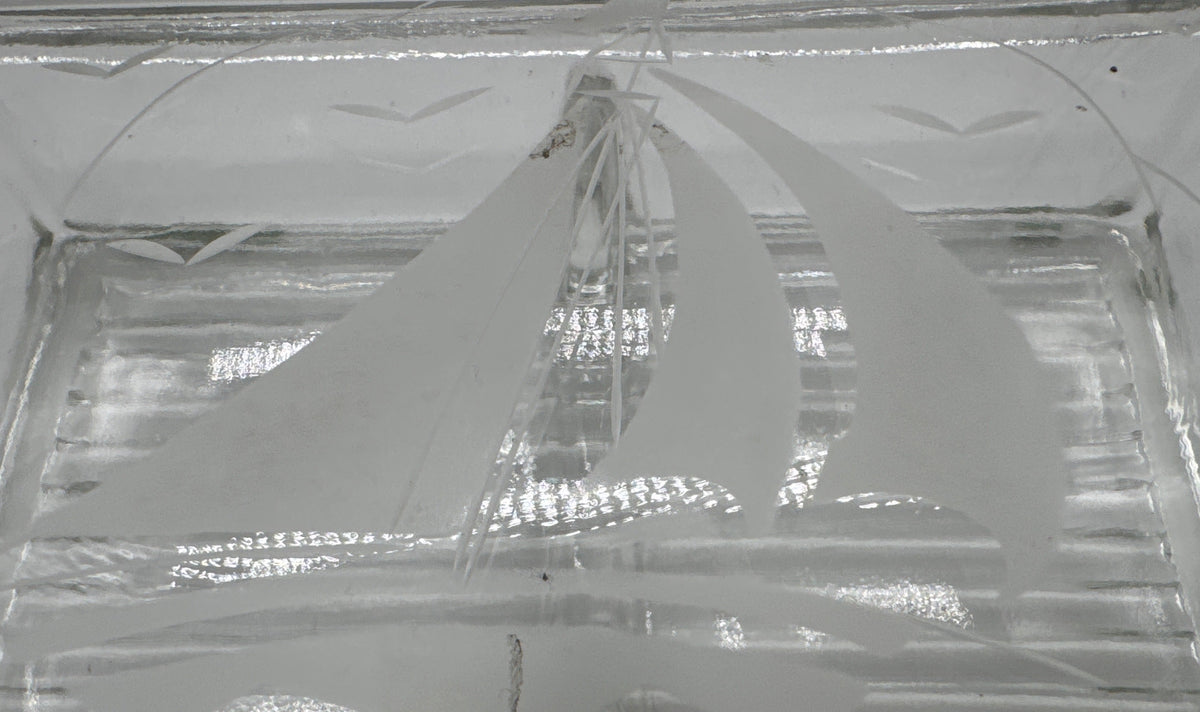 Vintage Clear Glass Playing Card Box with Removable Etched Sailboat Lid