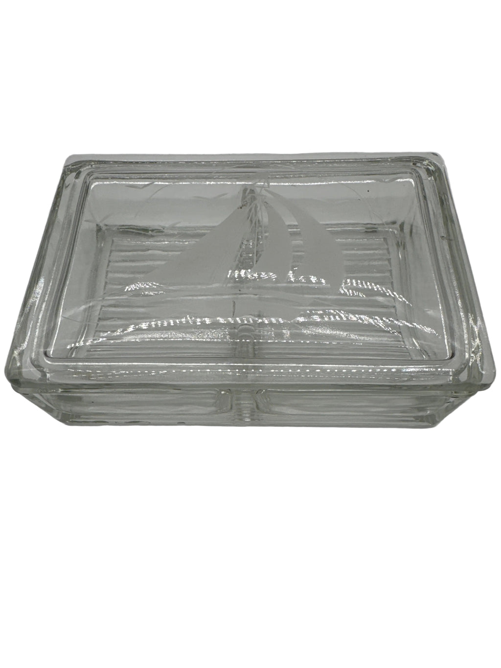 Vintage Clear Glass Playing Card Box with Removable Etched Sailboat Lid
