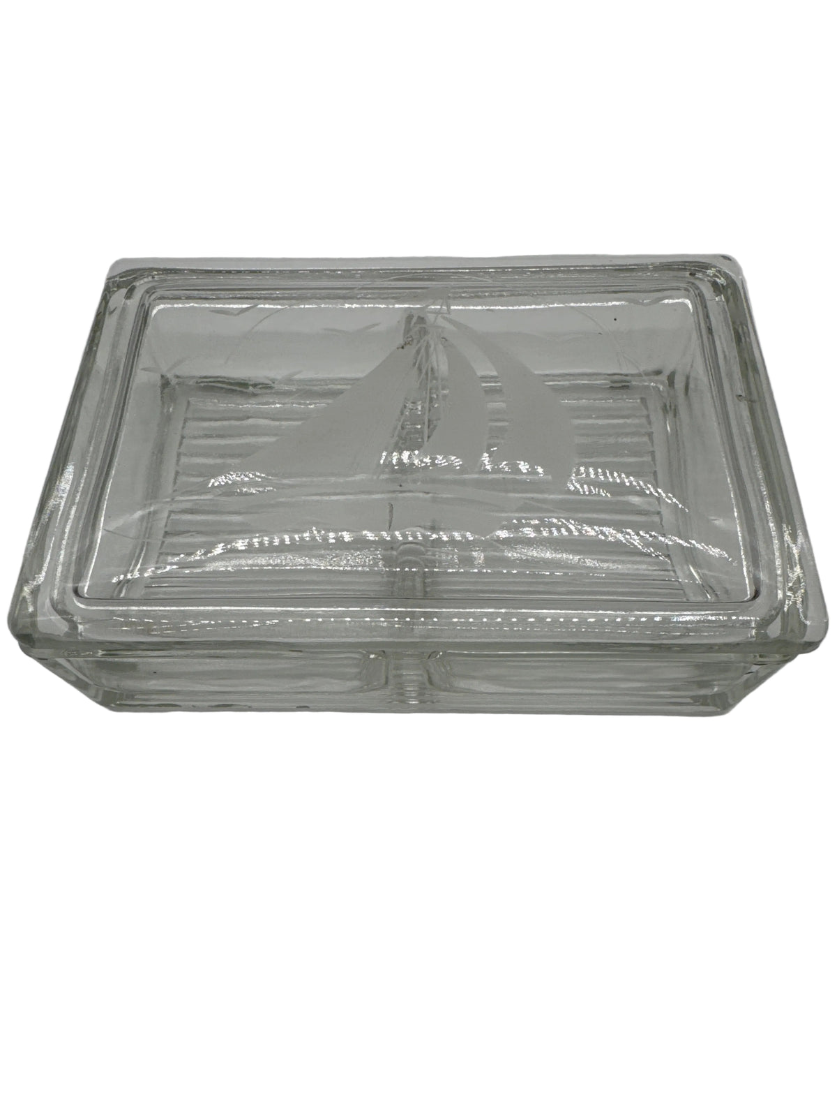 Vintage Clear Glass Playing Card Box with Removable Etched Sailboat Lid