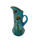 ANTIQUE 19th century Northwood hand painted teal pitcher with flowers #1055