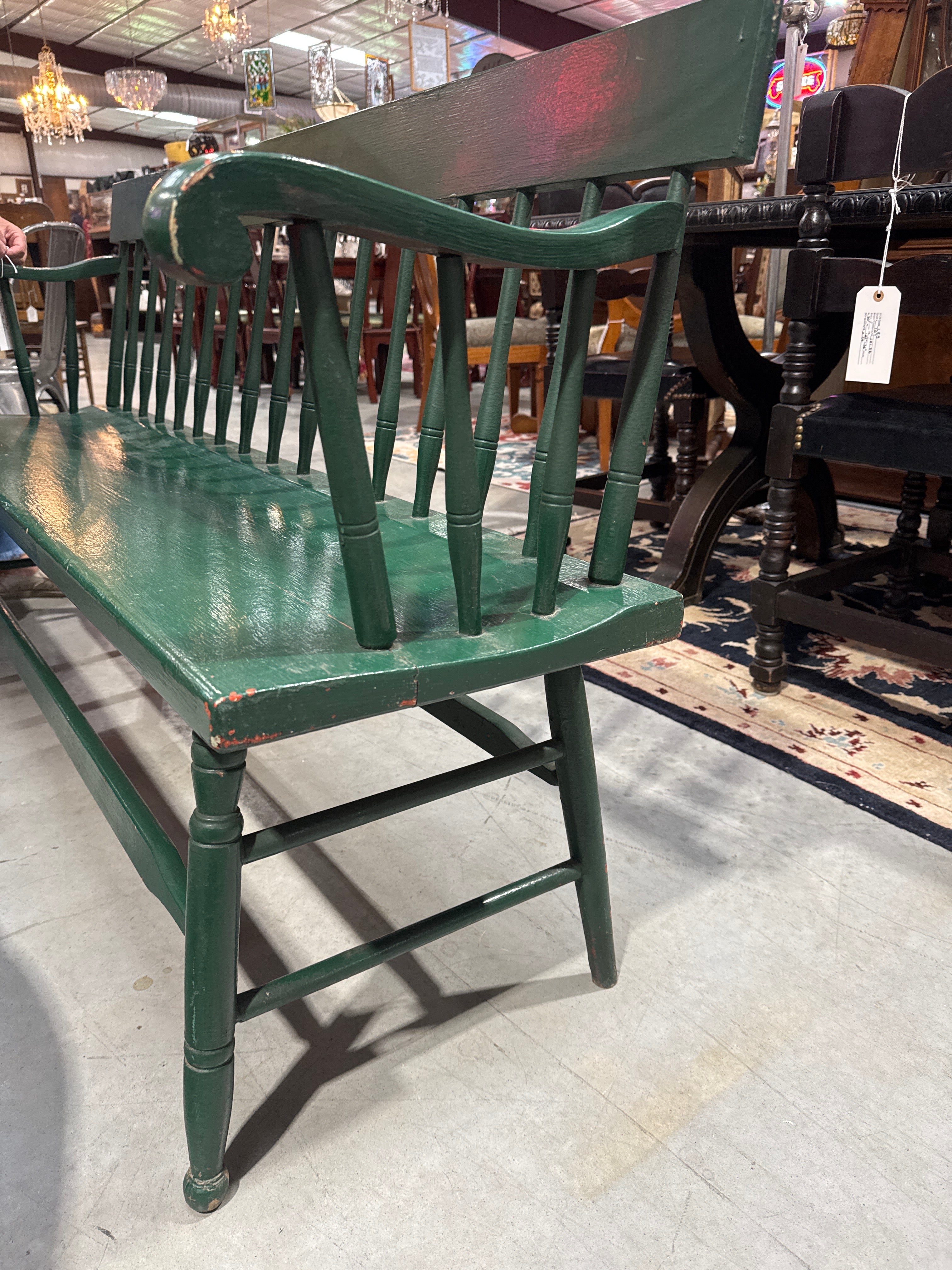 Vintage Wooden Spindle Back Green Painted Windsor Deacon’s Bench