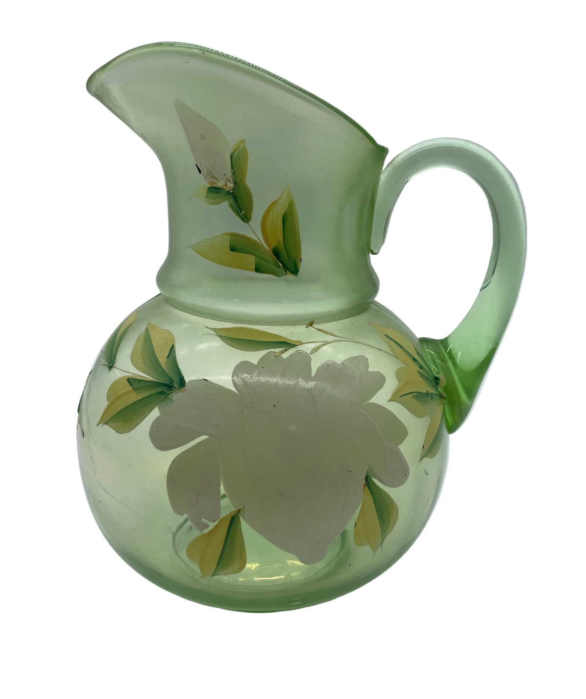 Antique Fenton Glass Hand-painted “Orchard” Cannon Ball Pitcher