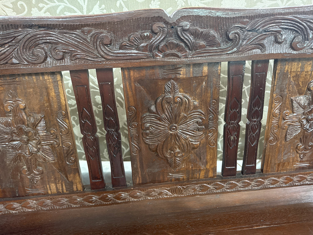 Vintage Large Hand Carved Thai “Porch” Bench with Small Storage Door Underneath-K