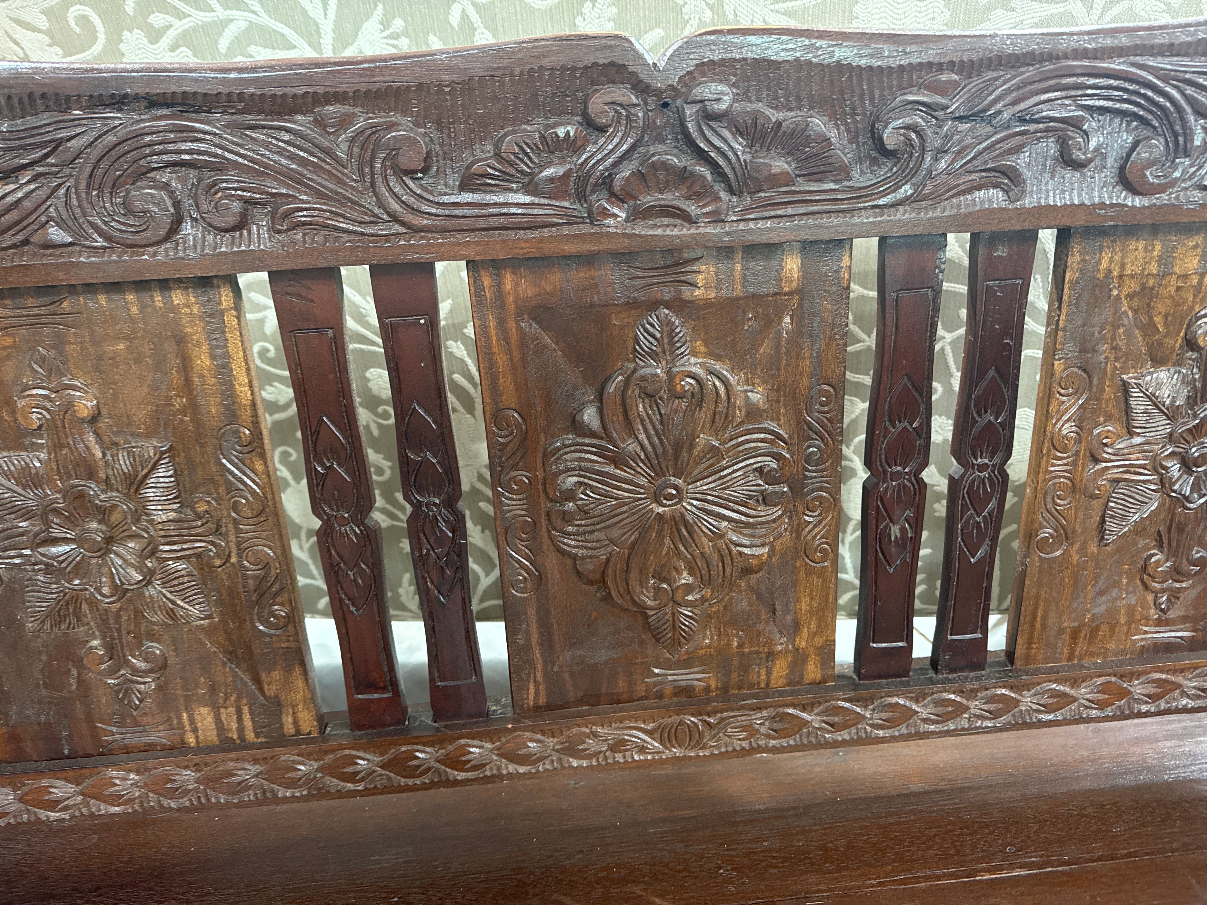 Vintage Large Hand Carved Thai “Porch” Bench with Small Storage Door Underneath-K