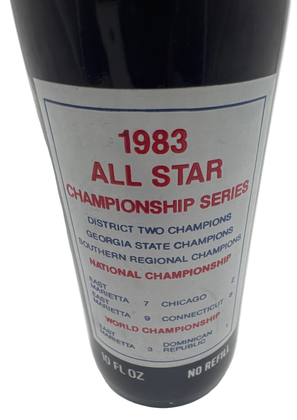1983 ALL STARS WORLD CHAMPIONS EAST MARIETTA BASEBALL 10 oz COCA-COLA BOTTLE