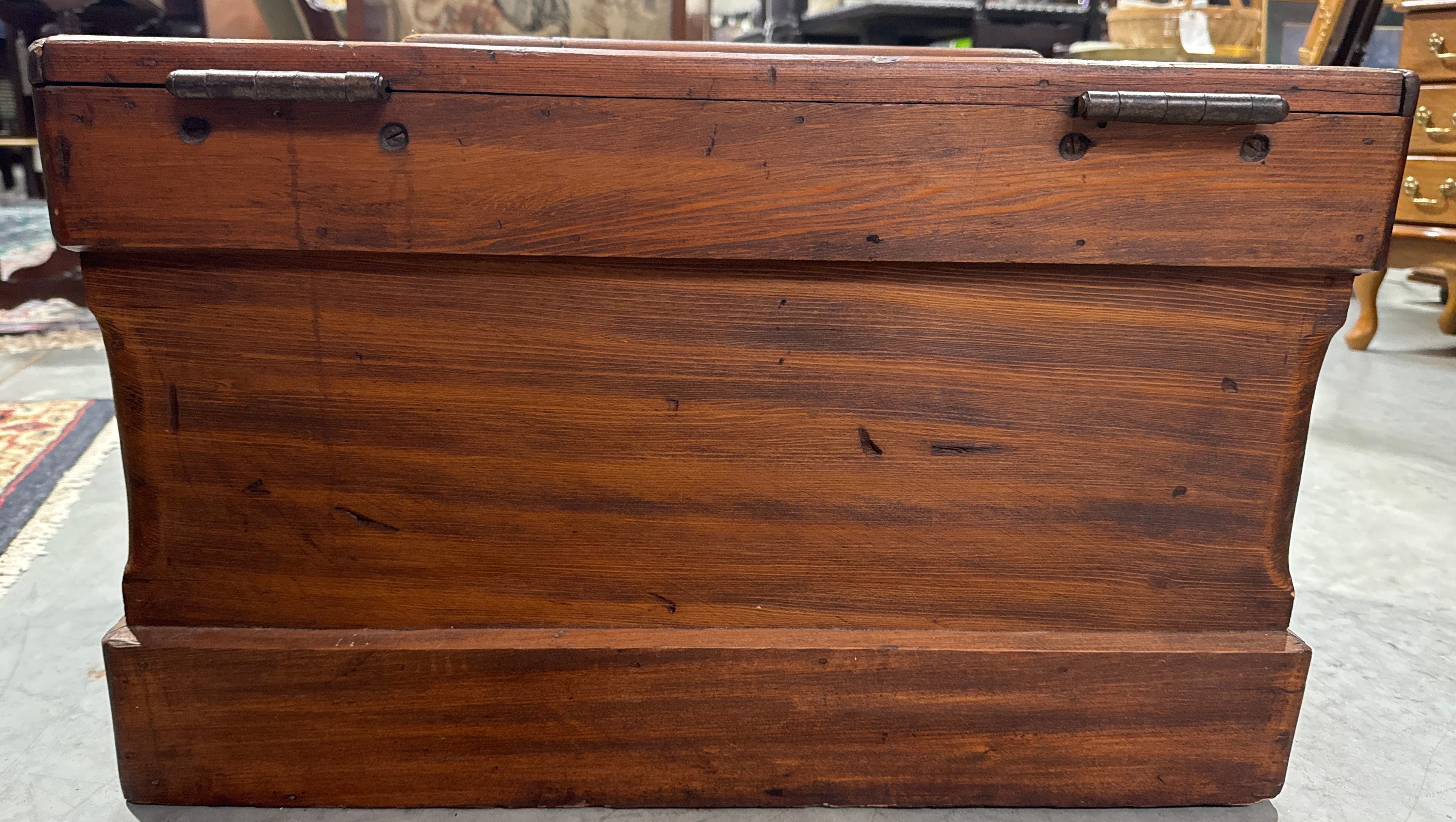 Antique Late 19th Century Primitive Lift Top Wood Carpentry Chest Trunk with Wrought Iron Latch