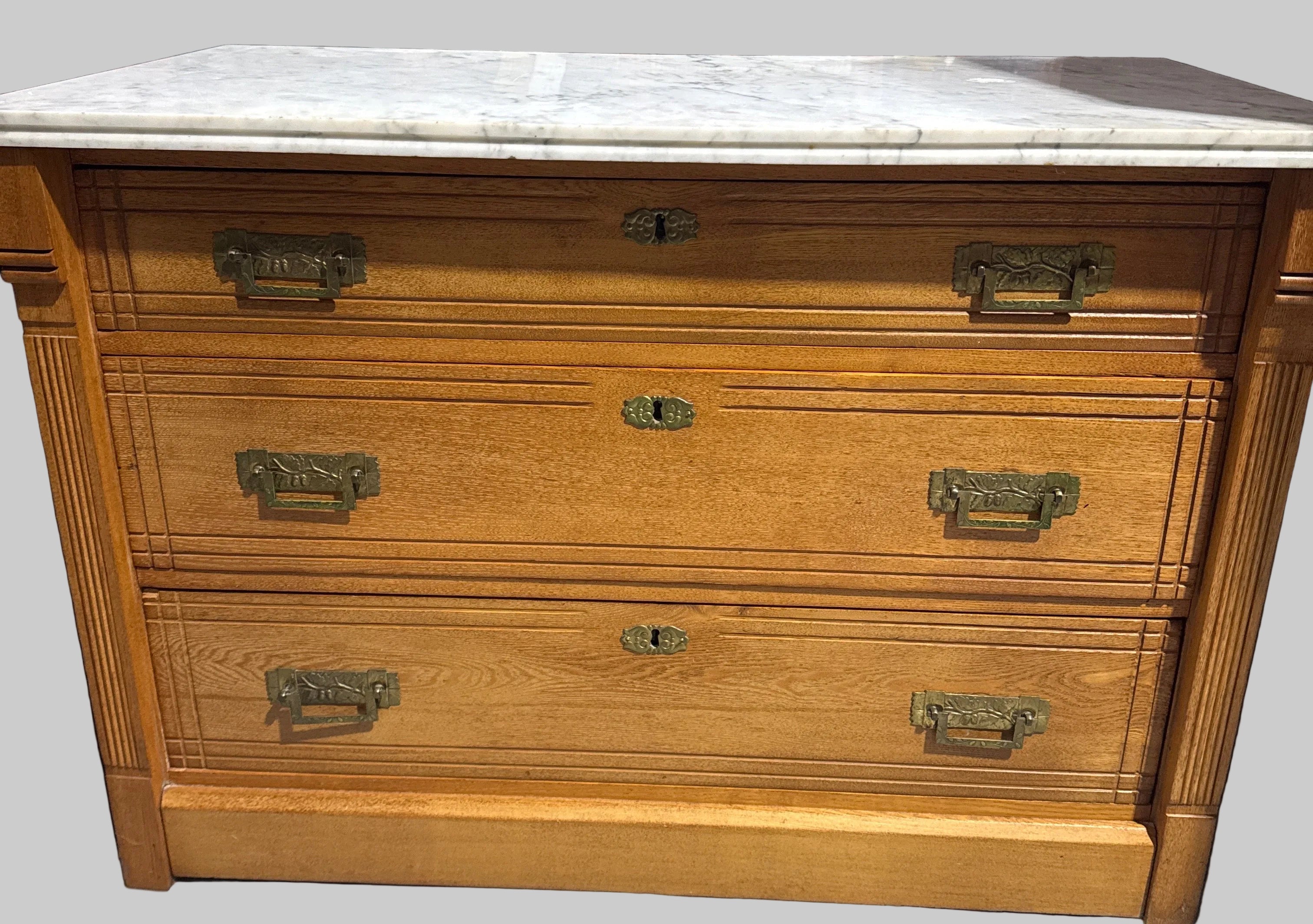 Vintage Campaign-Style 3 Drawer with Brass Hardware and a White Marble Top-K