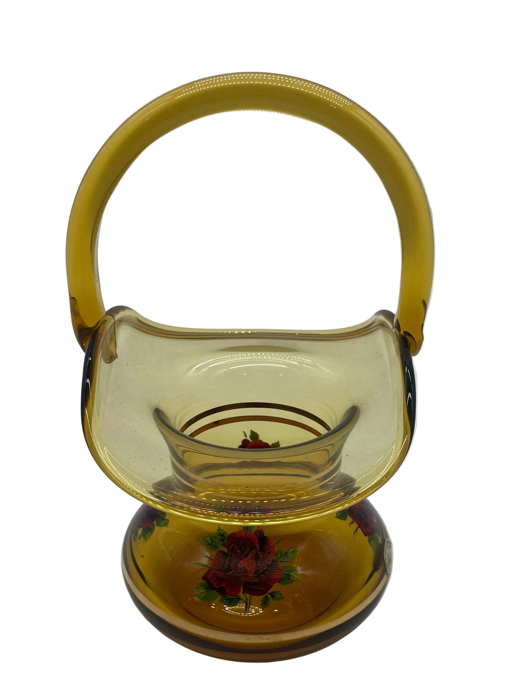 Bohemian Hand Blown Amber Hand Painted Glass Basket Made in Czechoslovakia