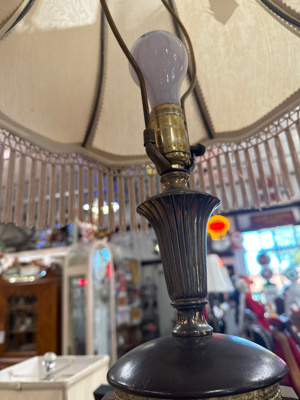 Vintage Neoclassical-Style Leather & Brass Urn Table Lamp