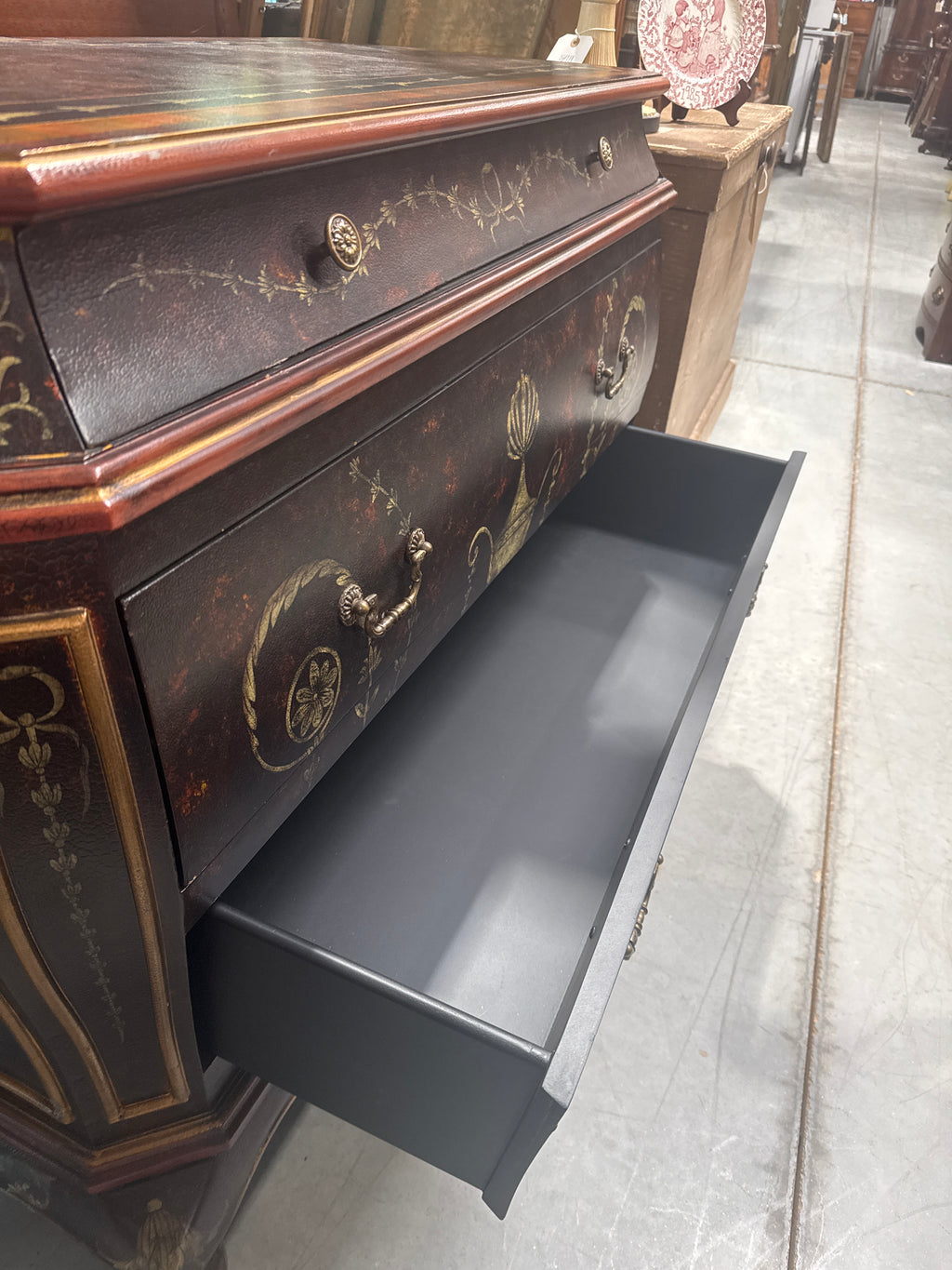 Grecian Style 3 Drawer Bombe Commode with Black & Gold Design
