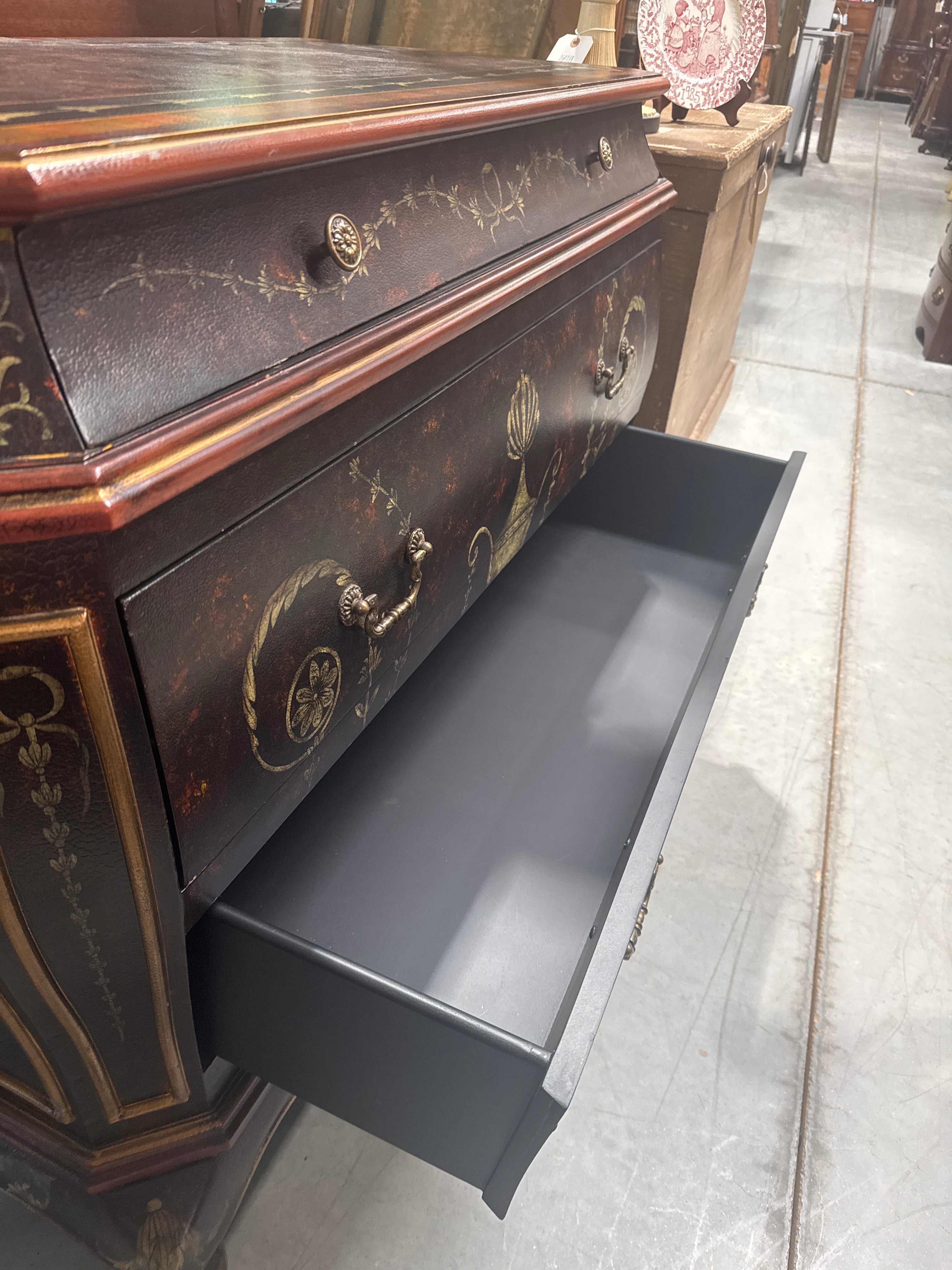 Grecian Style 3 Drawer Bombe Commode with Black & Gold Design