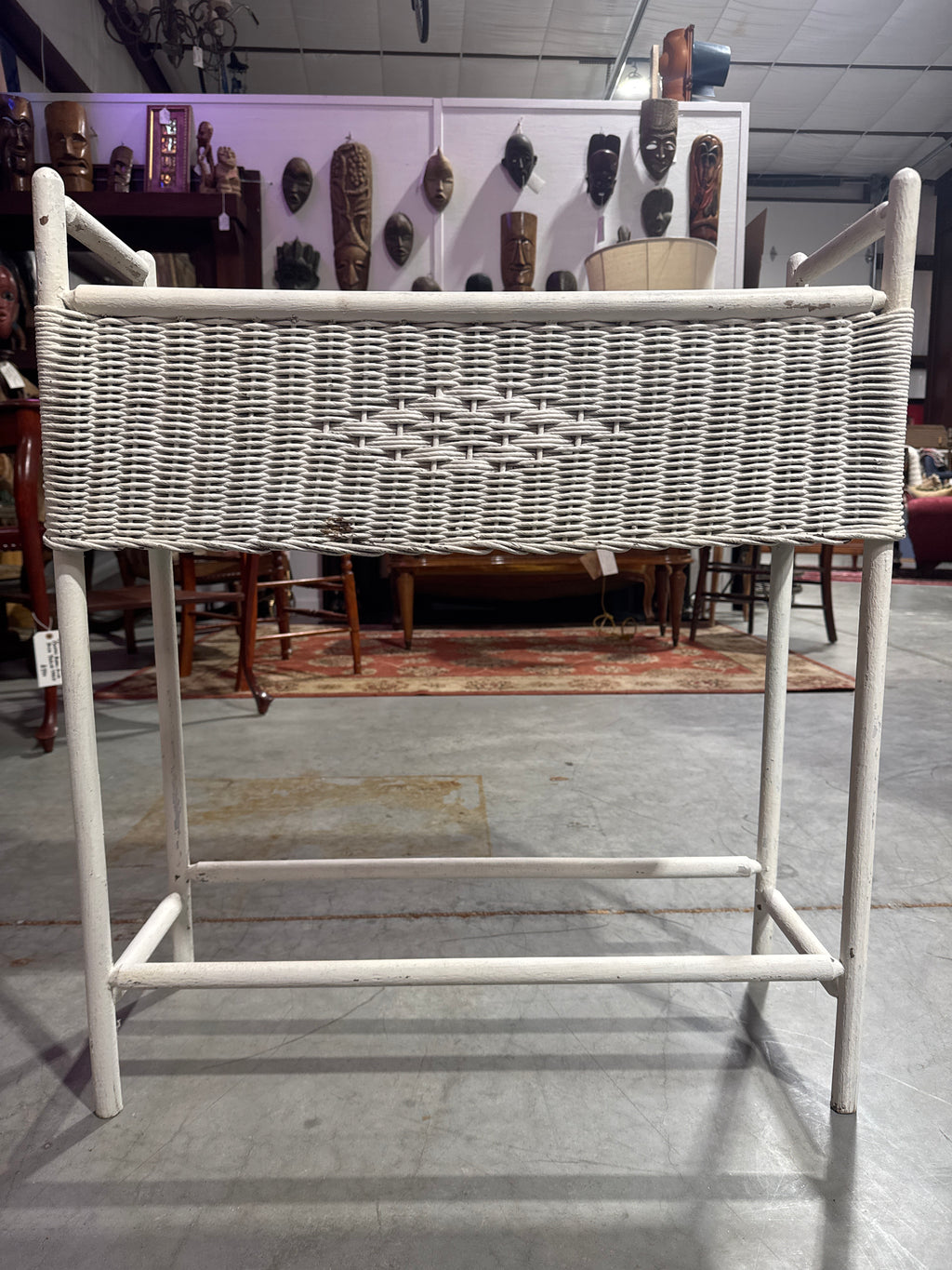 Vintage White Wicker Planter Stand with Metal Insert
