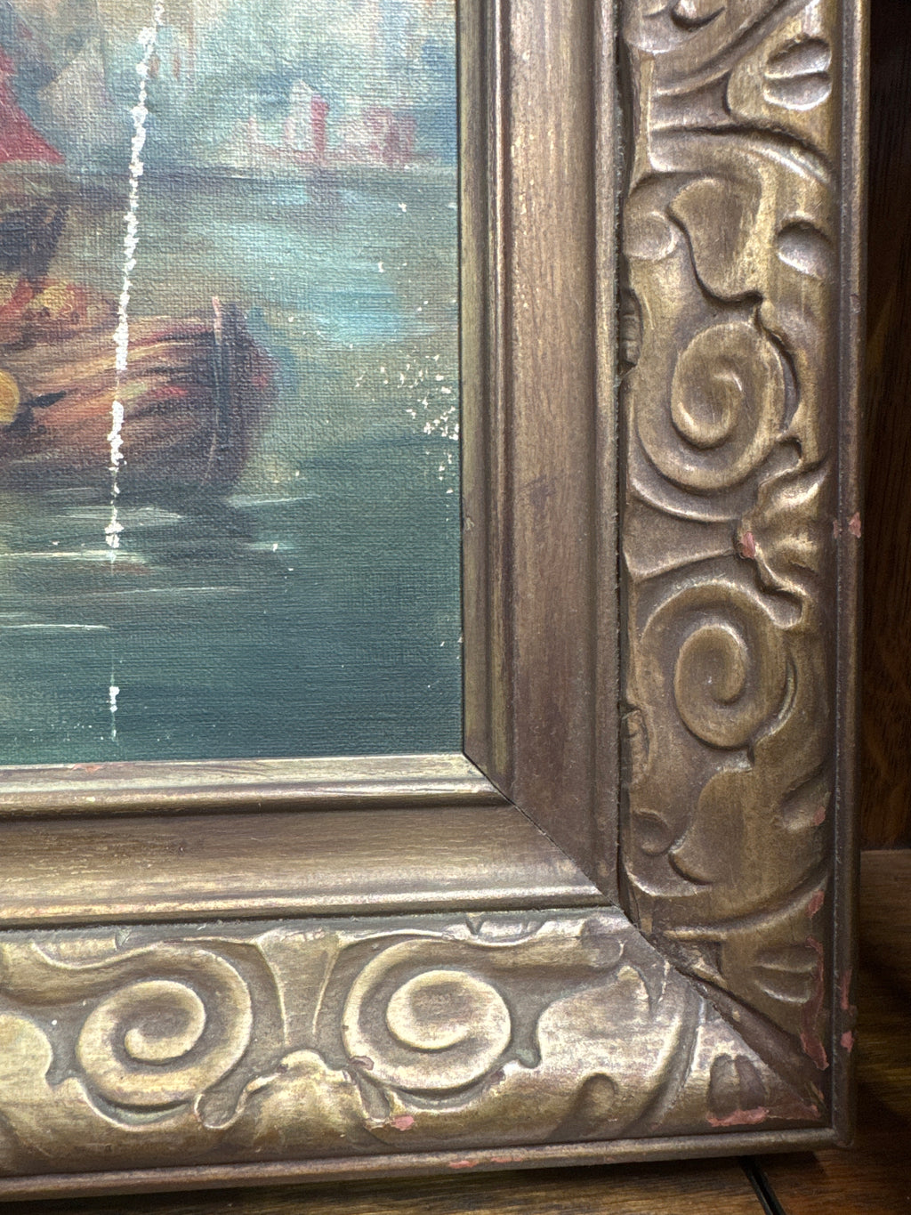 Antique Gold Frame Oil on Canvas of a Venitian Canal Scene