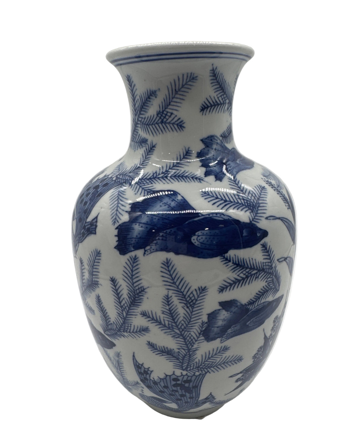 Vintage Blue & White Koi Fish Ceramic Chinese Vase