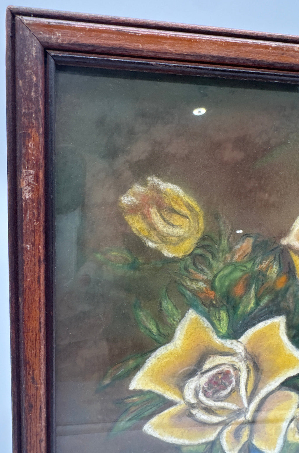 Vintage 1945 Signed & Dated Framed Still-Life Pastel Painting, Bouquet of Yellow Roses in a Blue Vase, Signed A. Clare Killam