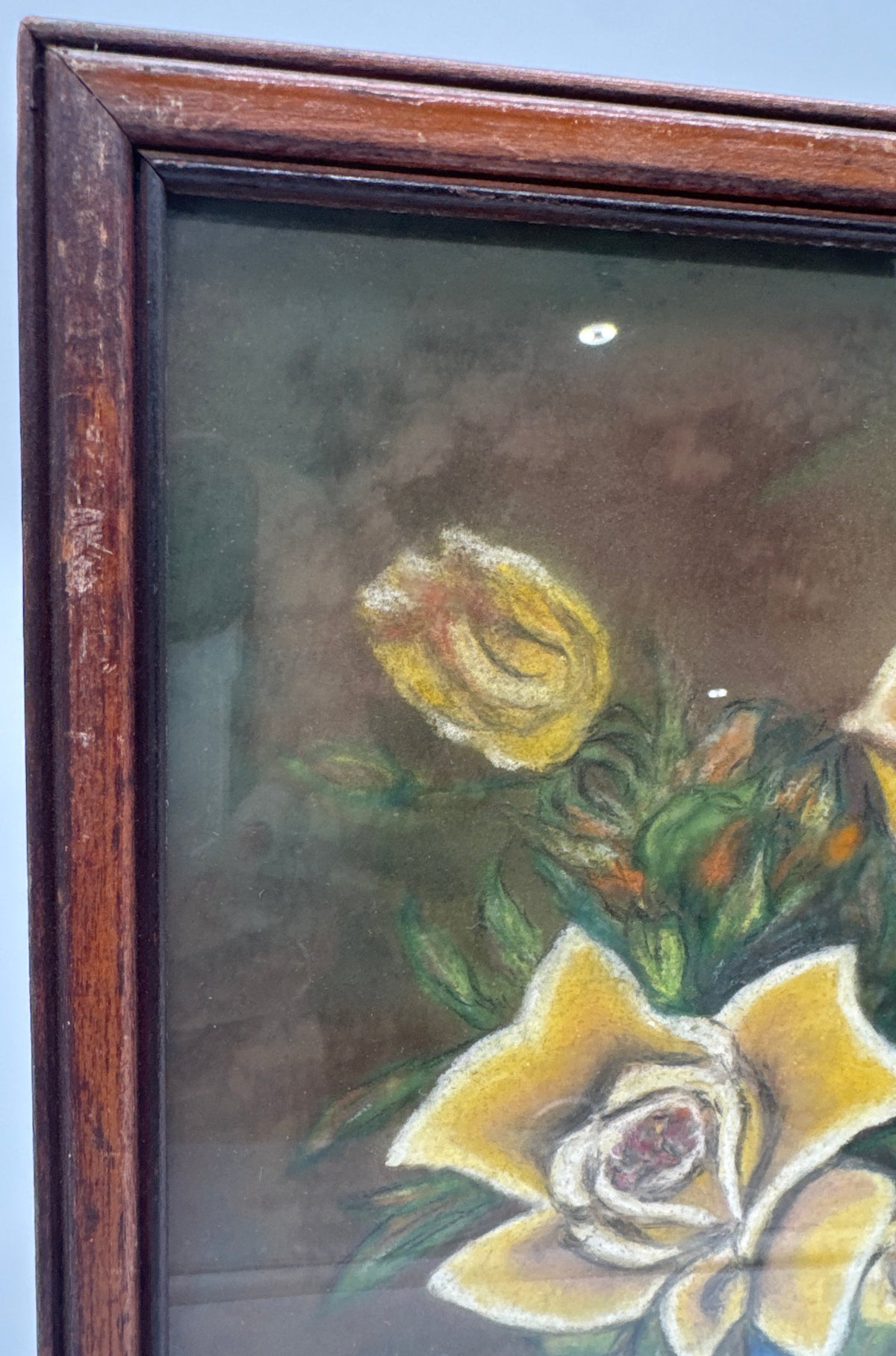 Vintage 1945 Signed & Dated Framed Still-Life Pastel Painting, Bouquet of Yellow Roses in a Blue Vase, Signed A. Clare Killam
