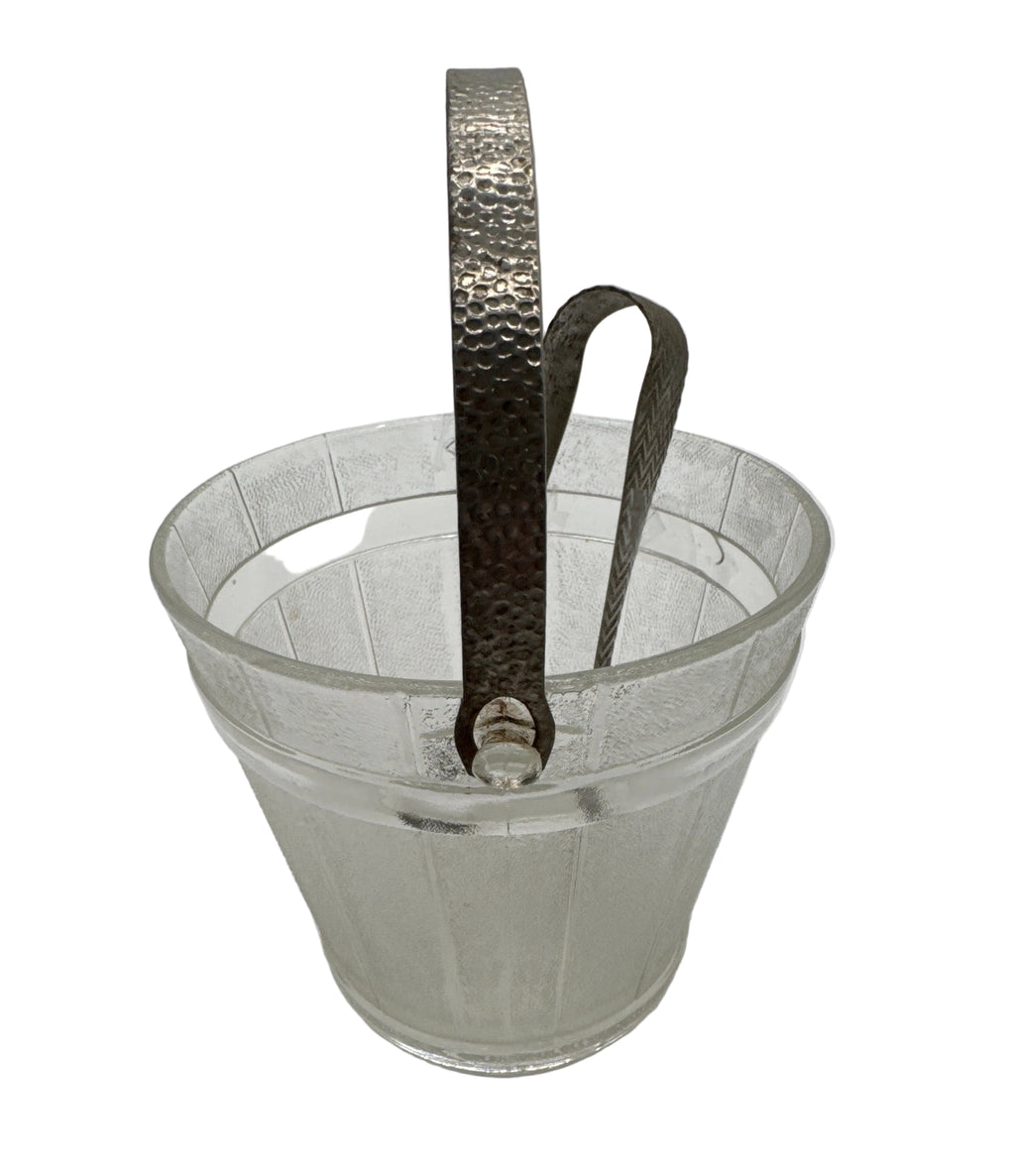Vintage Pressed Glass Ice Bucket with a Textured Wooden Panel Design, a Metal Hammered Swing Handle and Matching  Tongs with Chevron Design