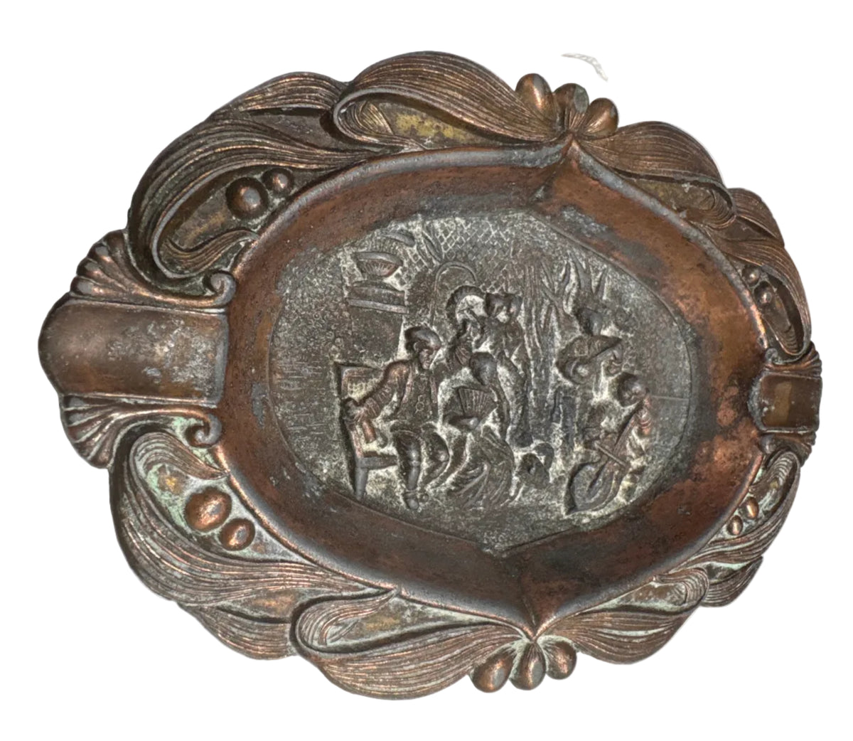 Vintage Oval Metal Ashtray or Catch-All Dish featuring a Repoussé Tavern Scene with Figures and Musicians in Relief