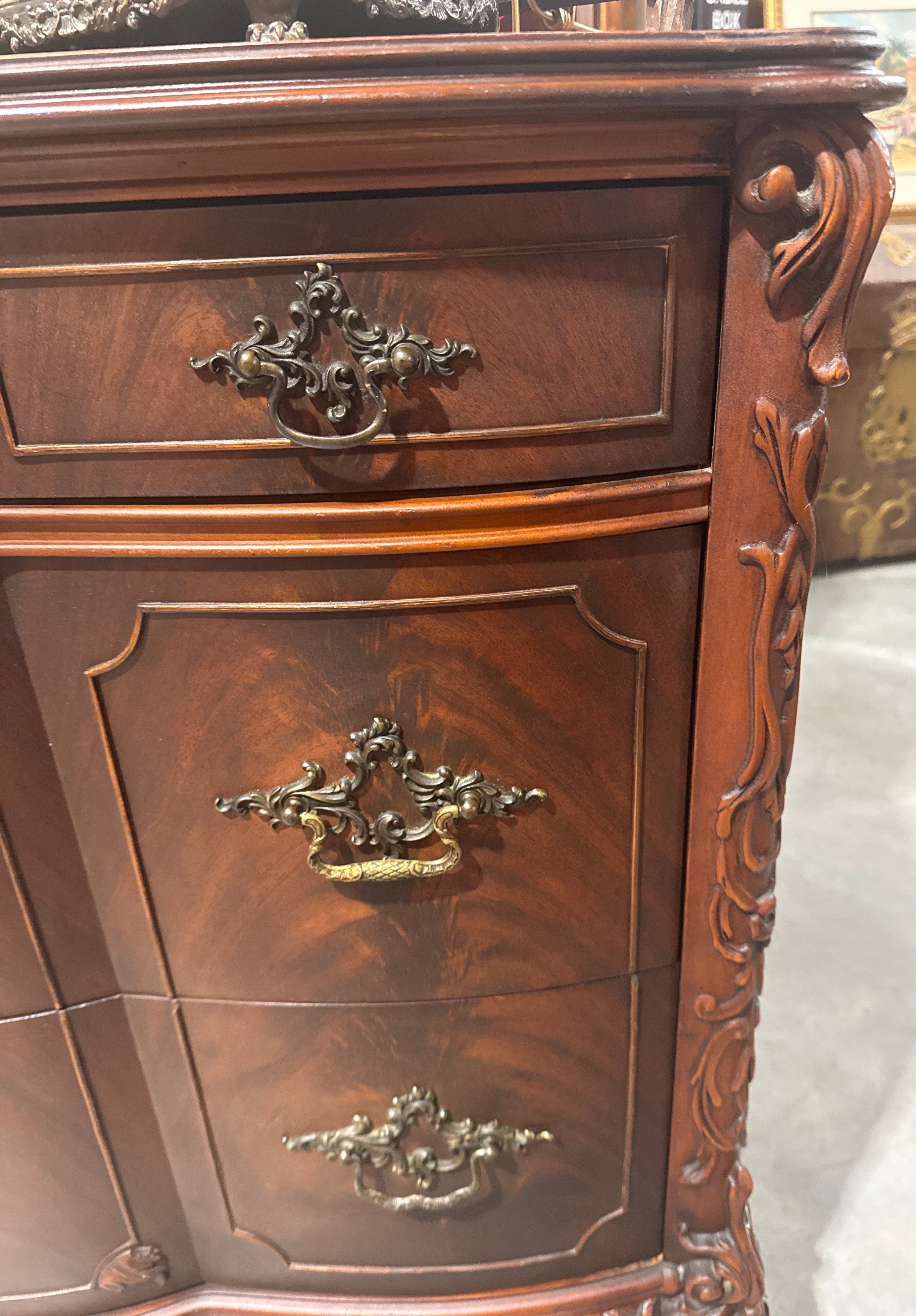Vintage Carved Flame Mahogany 3 Drawer Chest Ball & Claw Feet