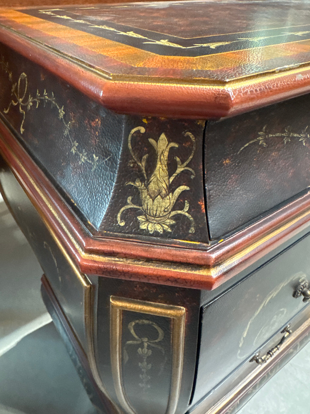 Grecian Style 3 Drawer Bombe Commode with Black & Gold Design