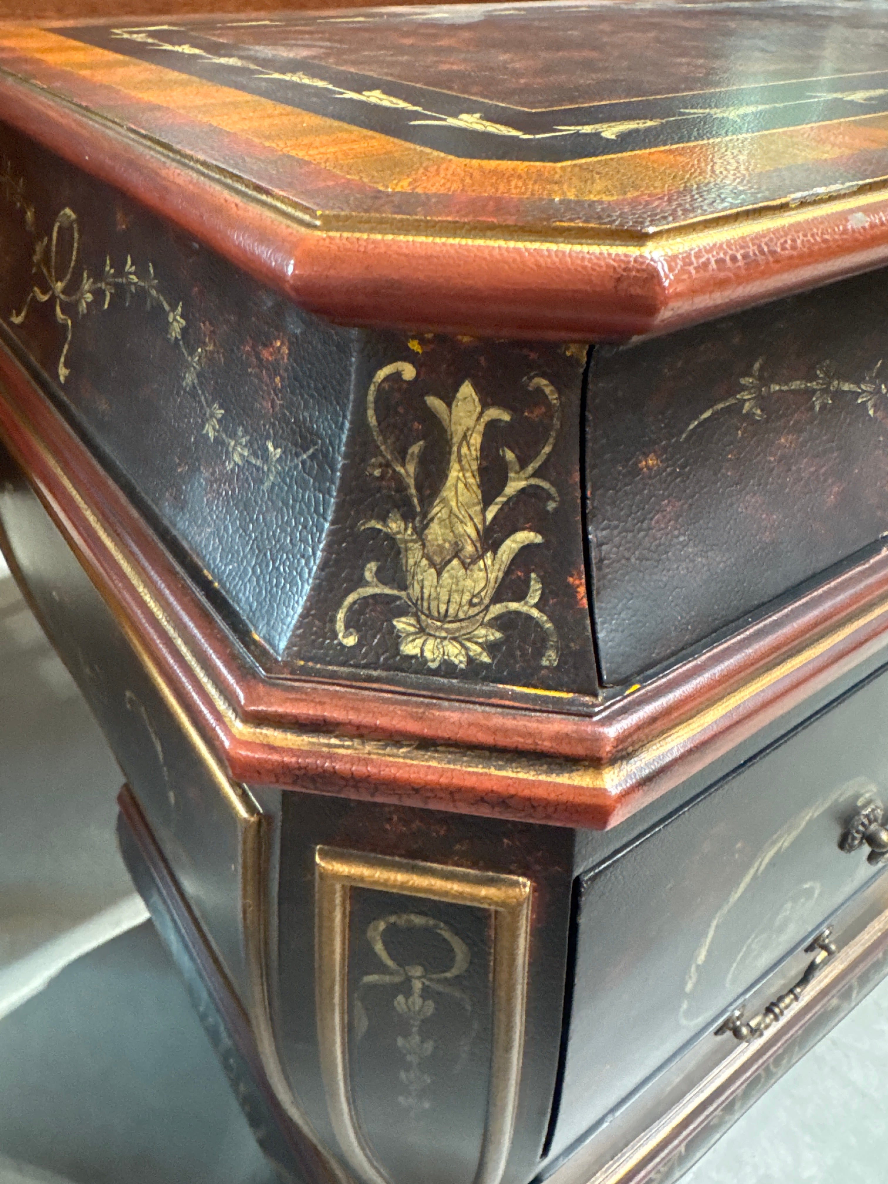 Grecian Style 3 Drawer Bombe Commode with Black & Gold Design