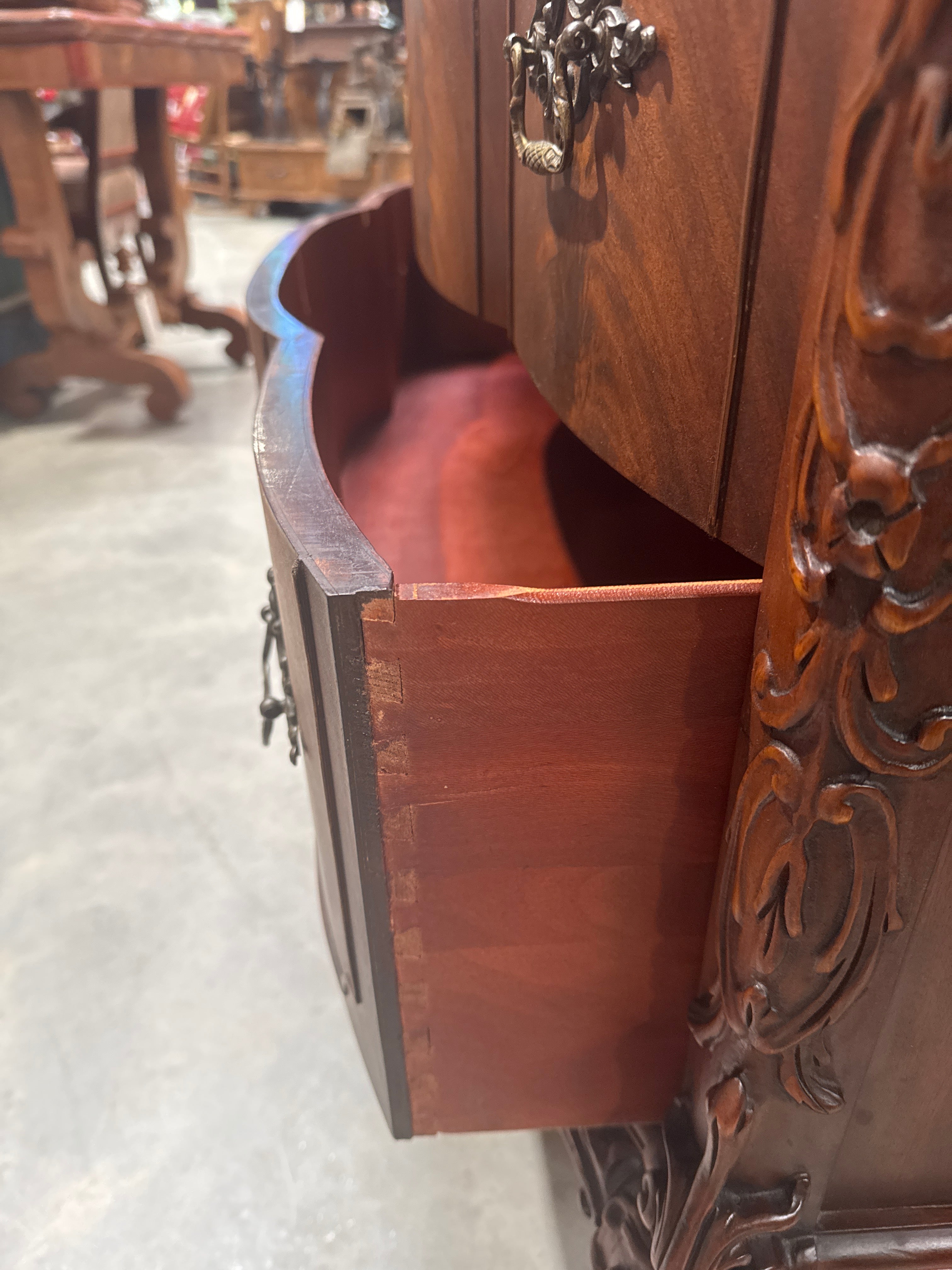 Vintage Carved Flame Mahogany 3 Drawer Chest Ball & Claw Feet