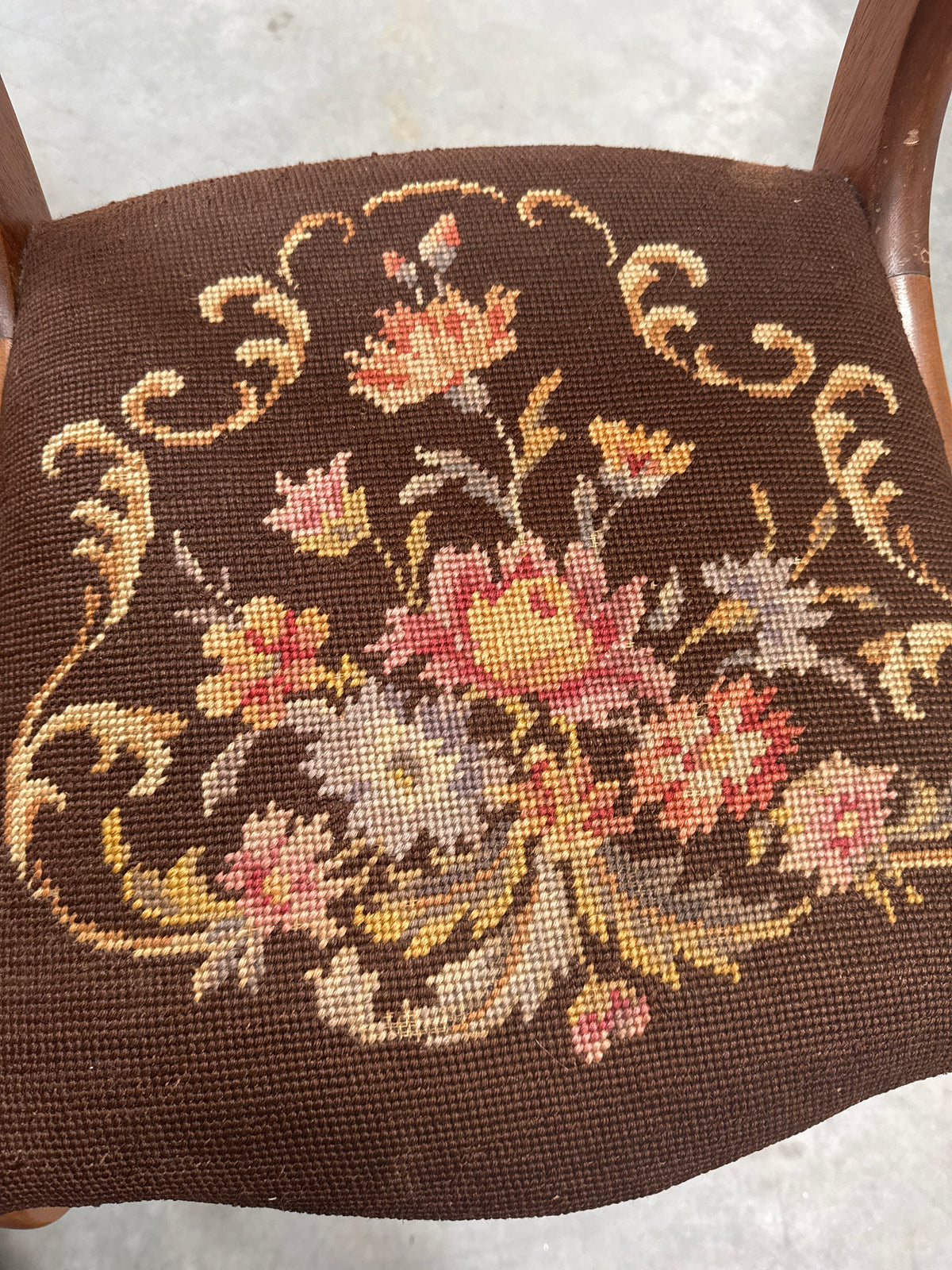 Antique Rose Bud Carved Needlepoint Chair