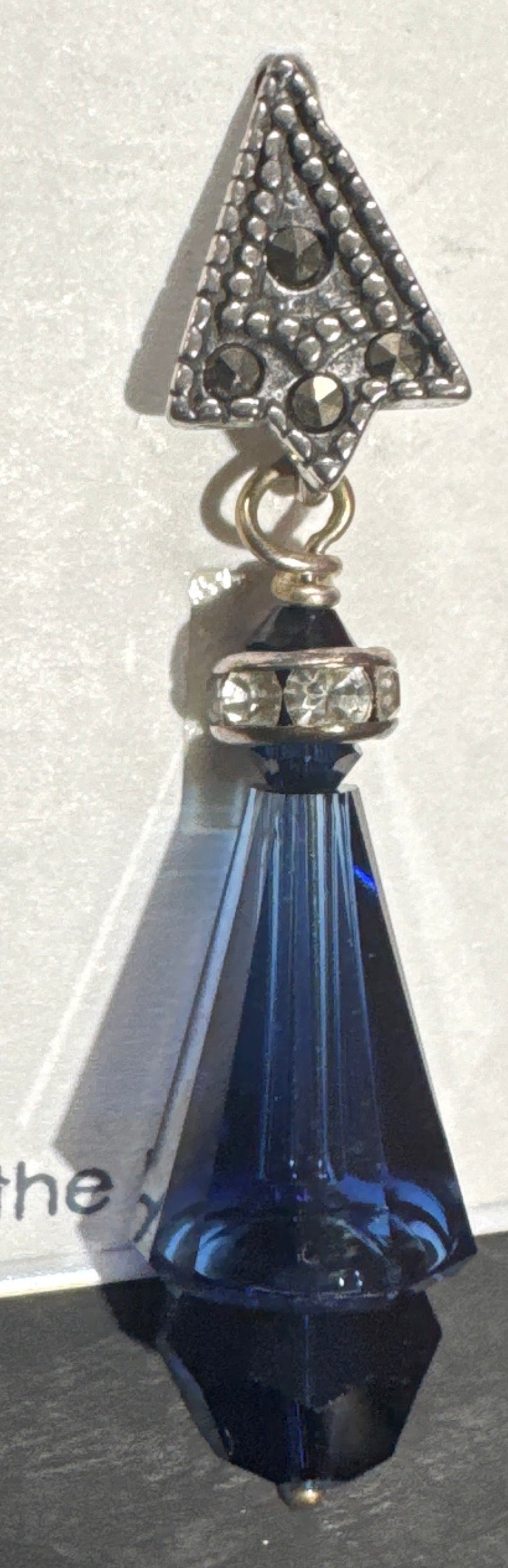 Vintage LFK Jewels Sapphire Blue Crystal Drop Bead Earrings with Rhinestone Studded Top